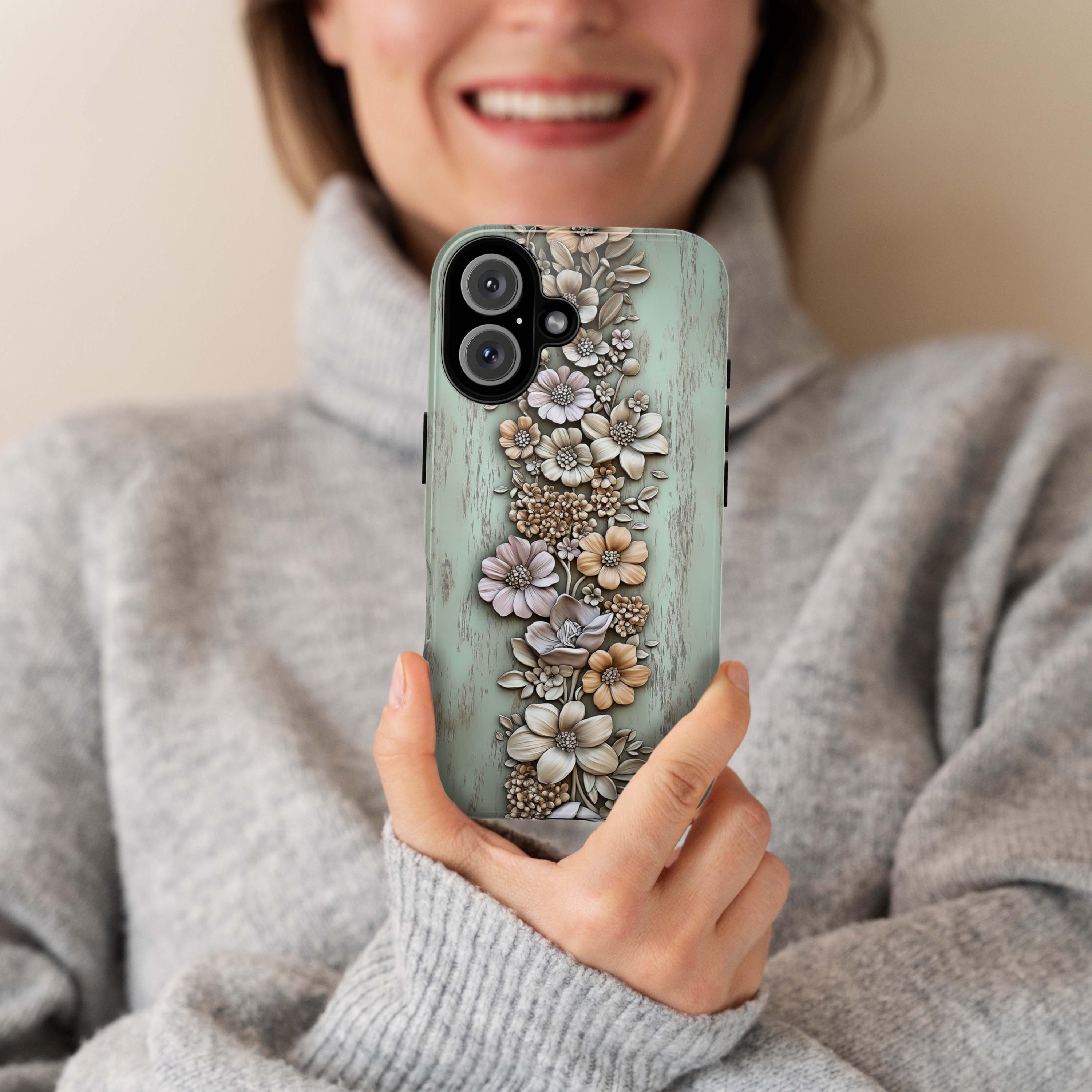 3D Rustic Beige Floral Phone Case, Pastel Artistic Wood Carved Look Design for iPhone 16 15 14 13 Tough or Magsafe, Samsung S24, 439.15
