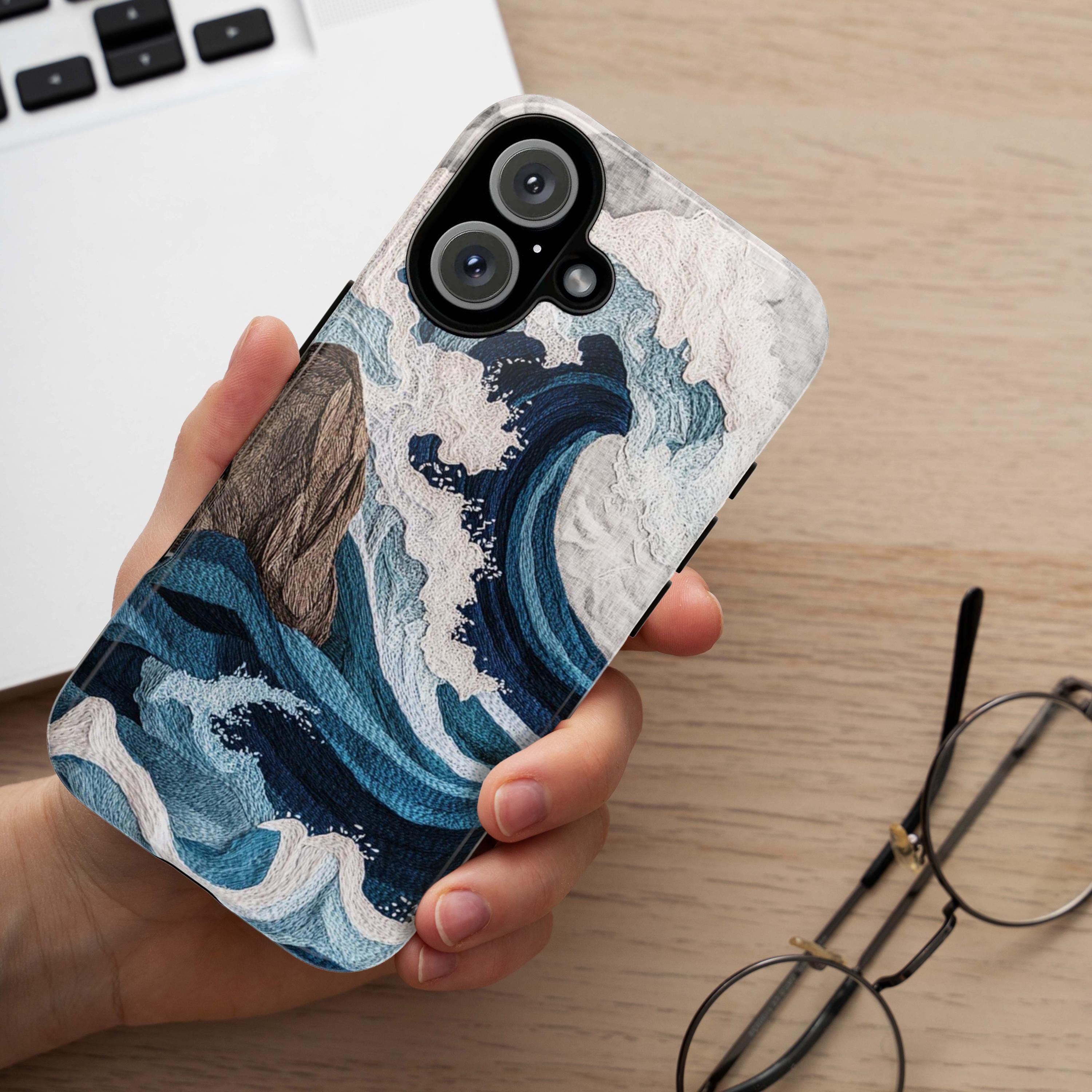 Ocean Waves Embroidery 3D Phone Case, Cozy Marine Life Design, Fine Art Aesthetic Phone Case for iPhone 16 15 14 13 / Samsung S24, 453.5