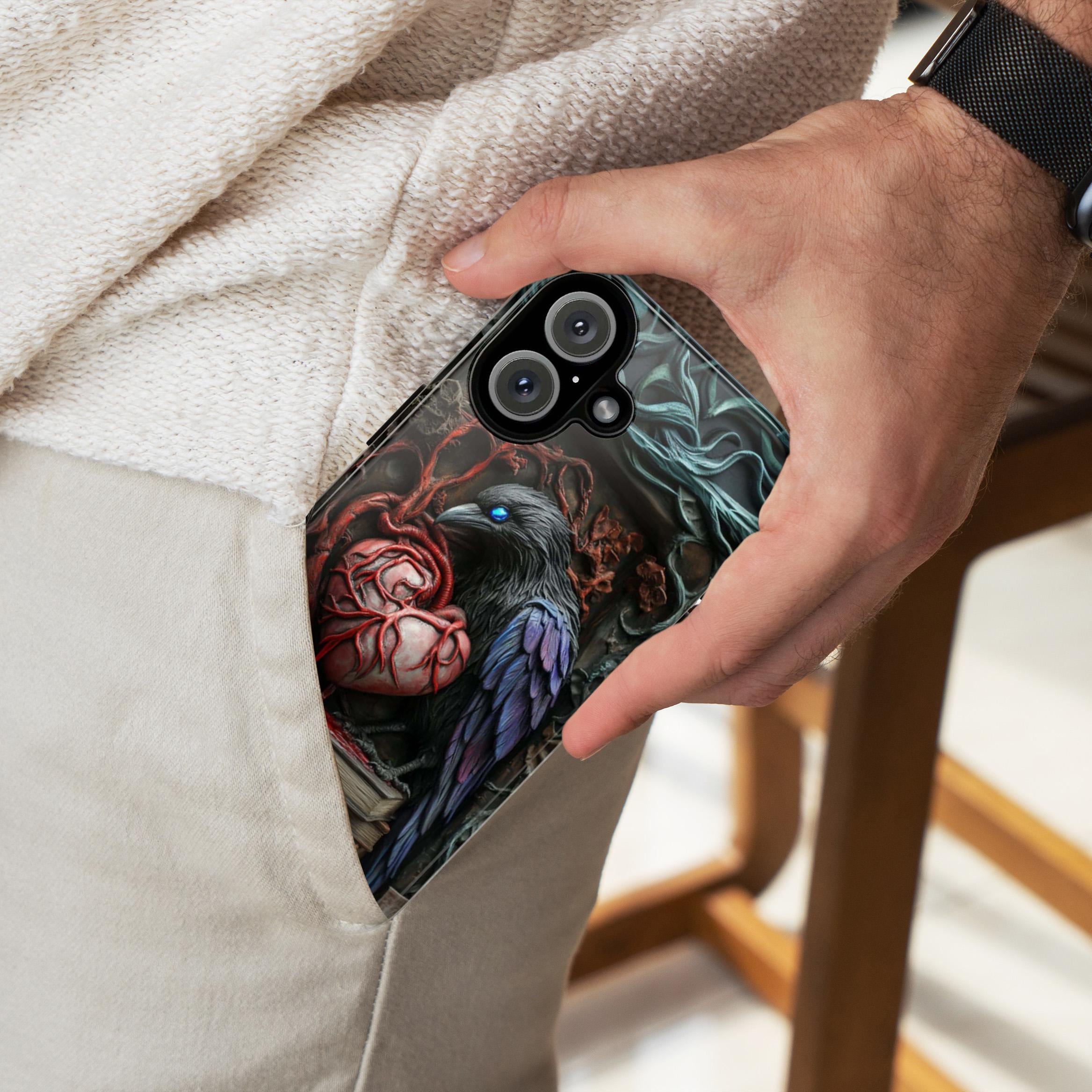 3D Raven, Books and Heart Dark Gothic Phone Case, Dark Academia Mystical Cat Phone Cover for iPhone 16, 15, 14, Samsung Galaxy, 423.7