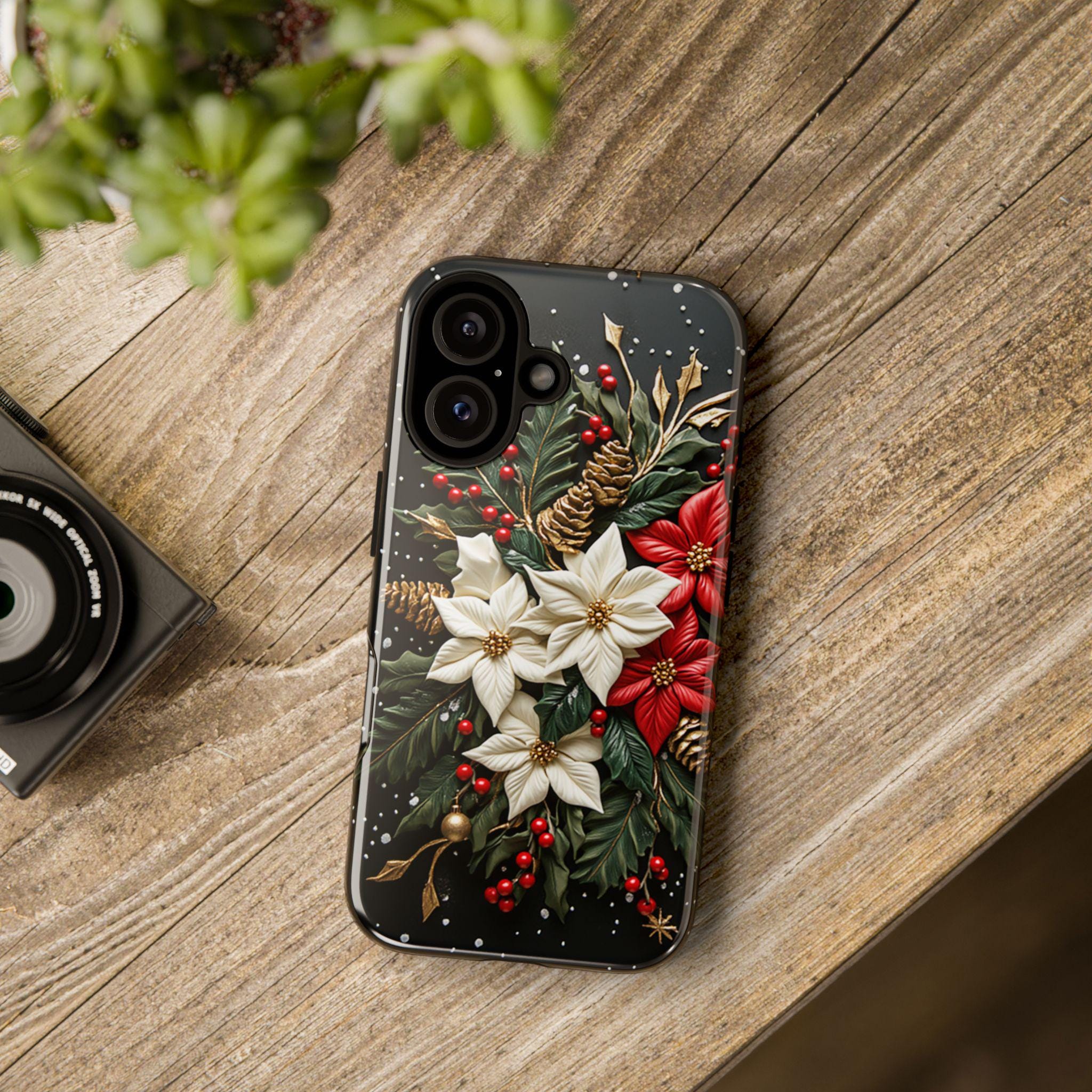Poinsettia Floral Christmas Phone Case | Festive Red & White Floral 3D effect MagSafe for iPhone 16 15 14 13 Pro Max, Samsung S25, 433.11