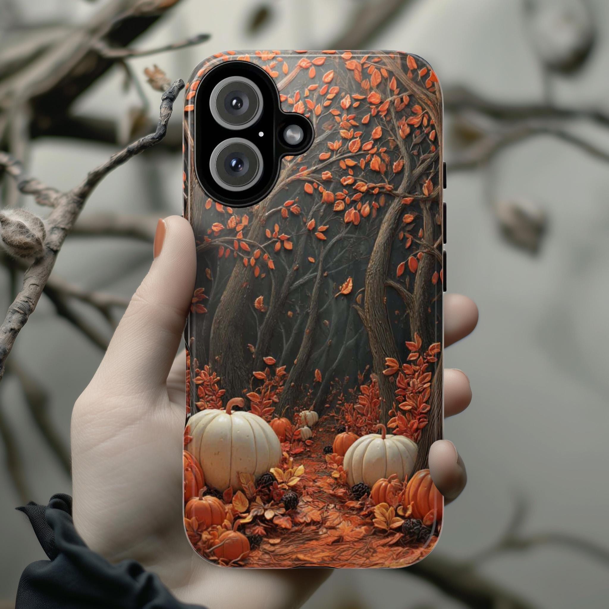 Autumn Woodland Pumpkin Phone Case | Cozy Seasonal Fall Forest Nature Cover for iPhone 16 15 Tough or Magsafe, Samsung, 475.29