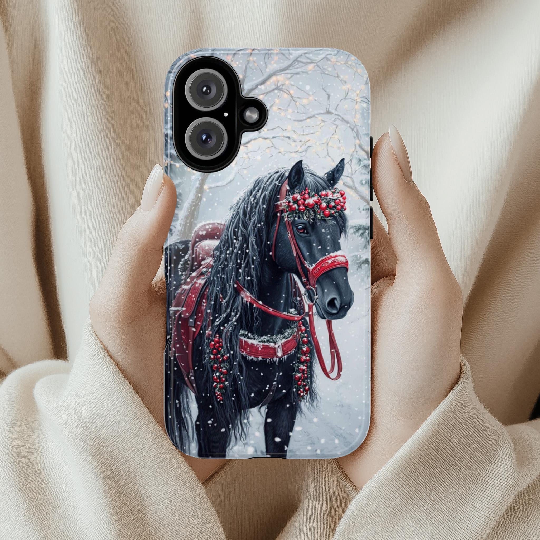Black Horse Red Harness & Winter Forest Phone Case, Festive Christmas Cover for Horse Lovers iPhone 16 15 14 13 Magsafe, Samsung S24, 440.6