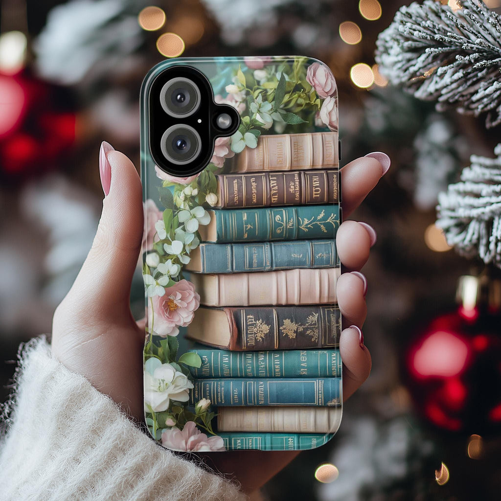 3D Books and Floral Phone Case, Pastel Literary Art Phone Case, Bookworms Gift Phone Cover for iPhone Magsafe, Samsung, 423.15
