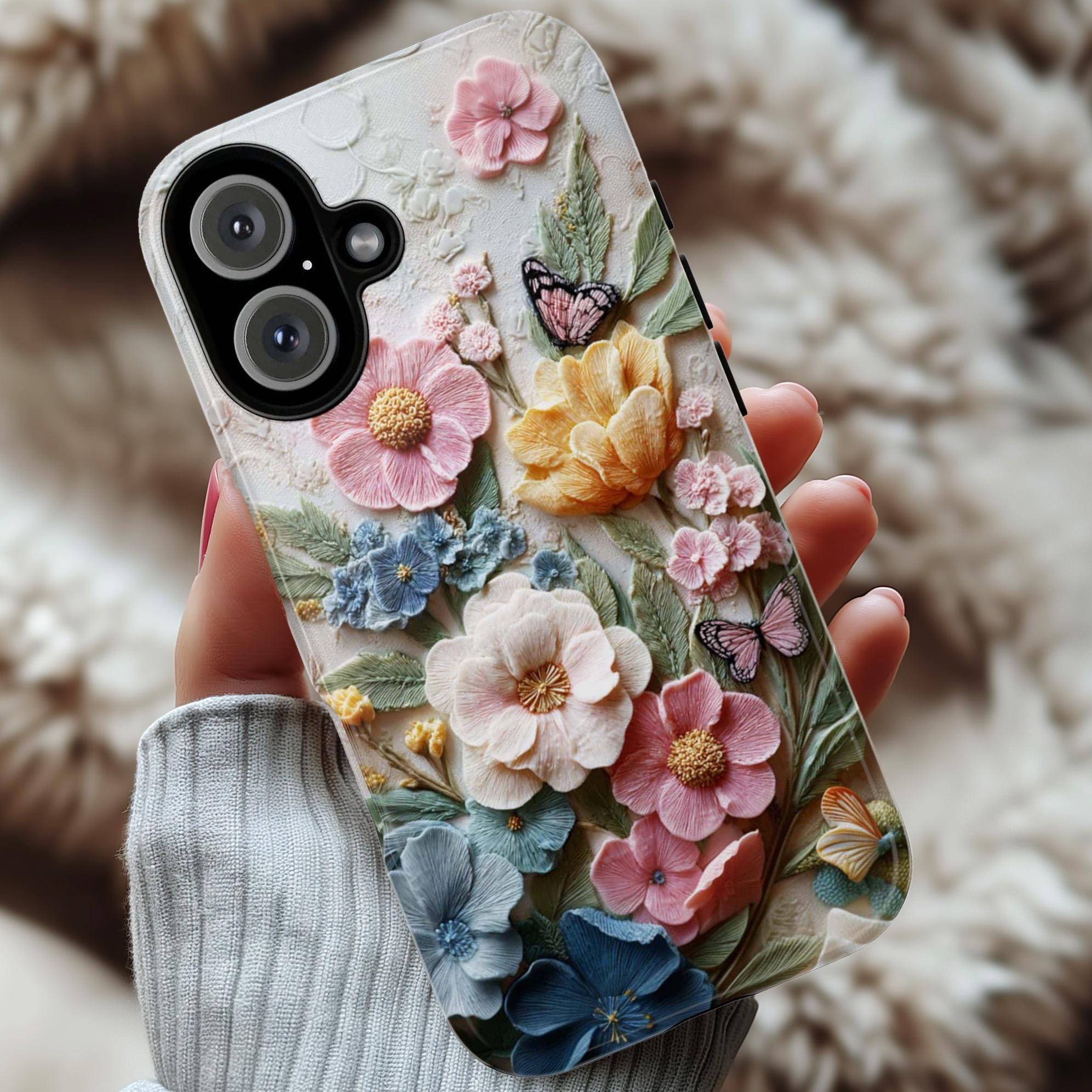 3D Flower and Butterfly Phone Case with Wool Felt Effect, Soft Textured Floral Design Cover for iPhone Tough or Magsafe, Samsung, 476.18