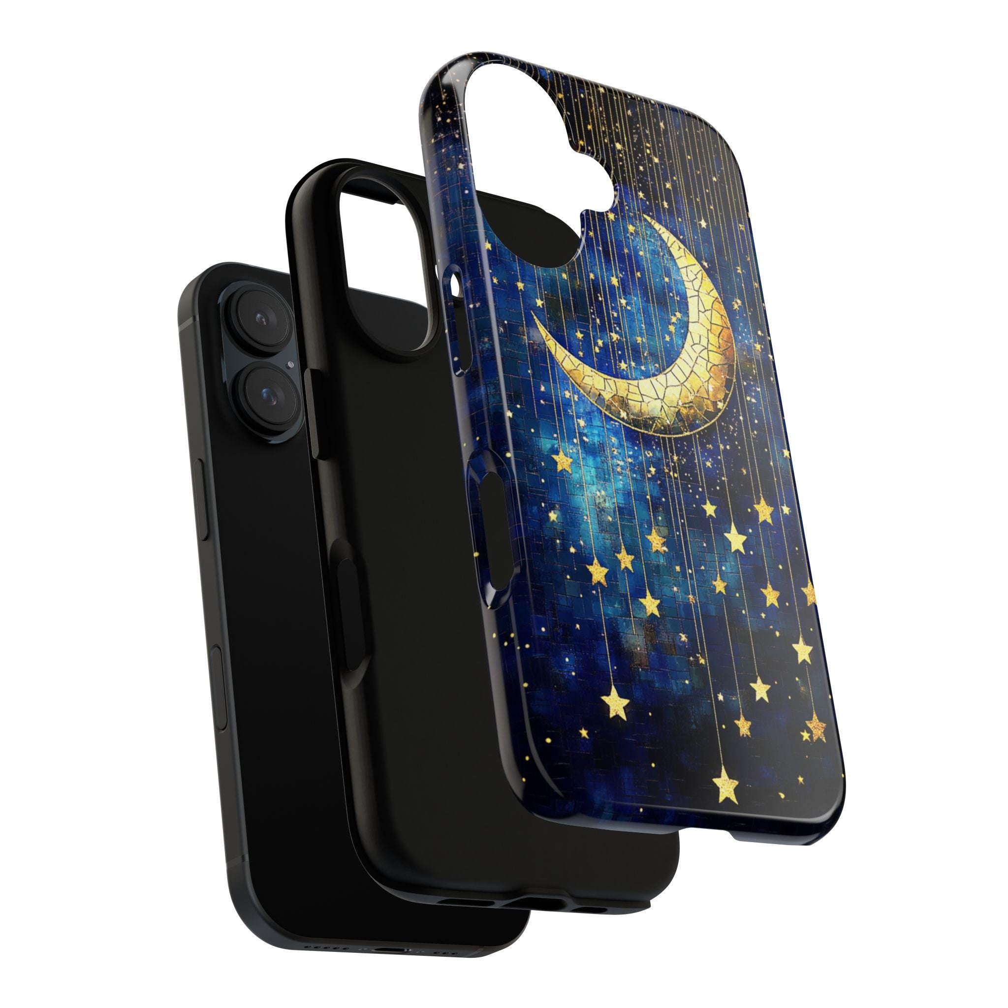 Satined Glass Golden Stars & Moon Phone Case, Night Galaxy Mosaic Design Phone Cover for iPhone 16 15 14 13 Magsafe, Samsung S25, 432.7