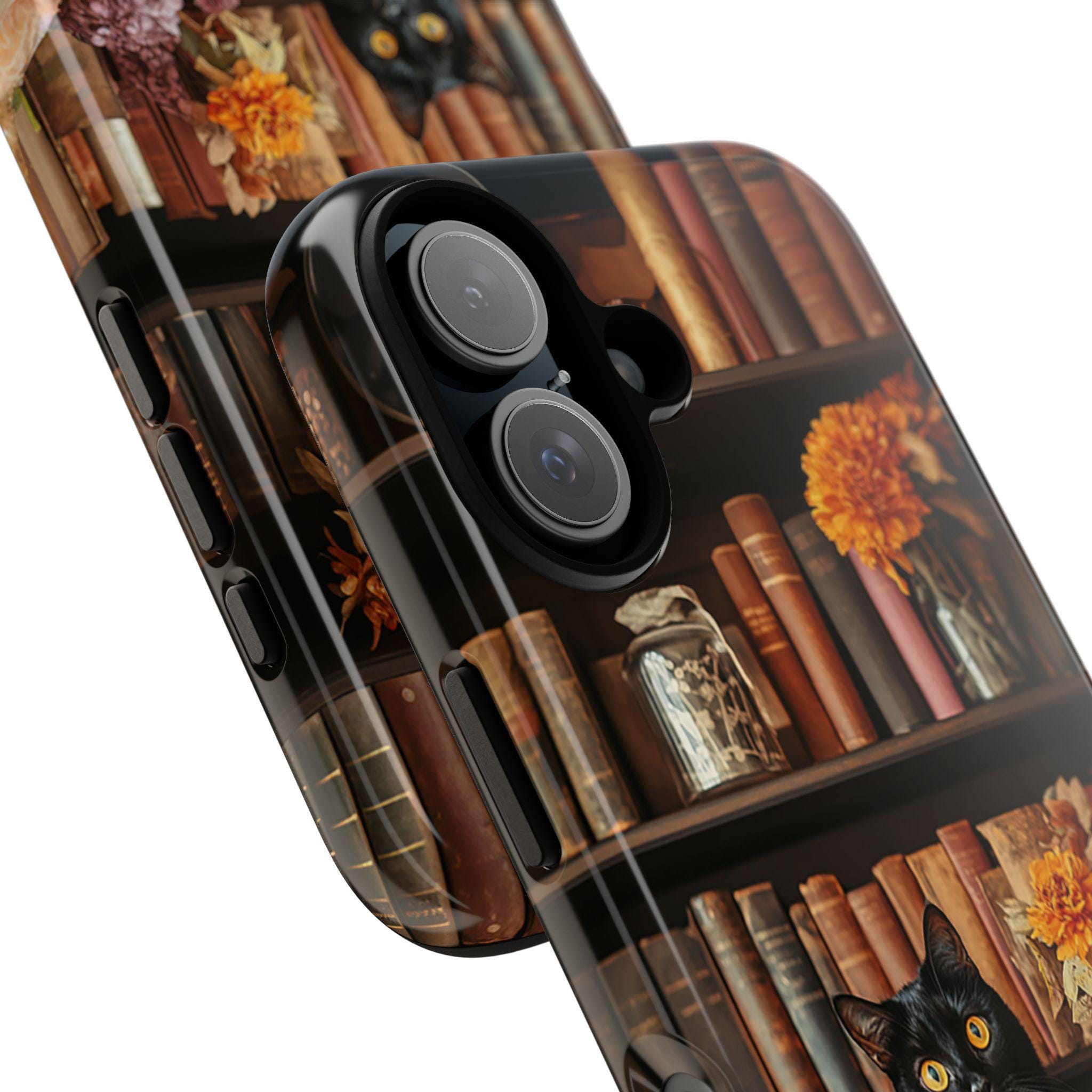 3D Black Cat with Autumn Bookshelf and Flowers Phone Case, Gothic Dark Academia, Mystical Cat and Floral Art for iPhone 16, Samsung, Pixel