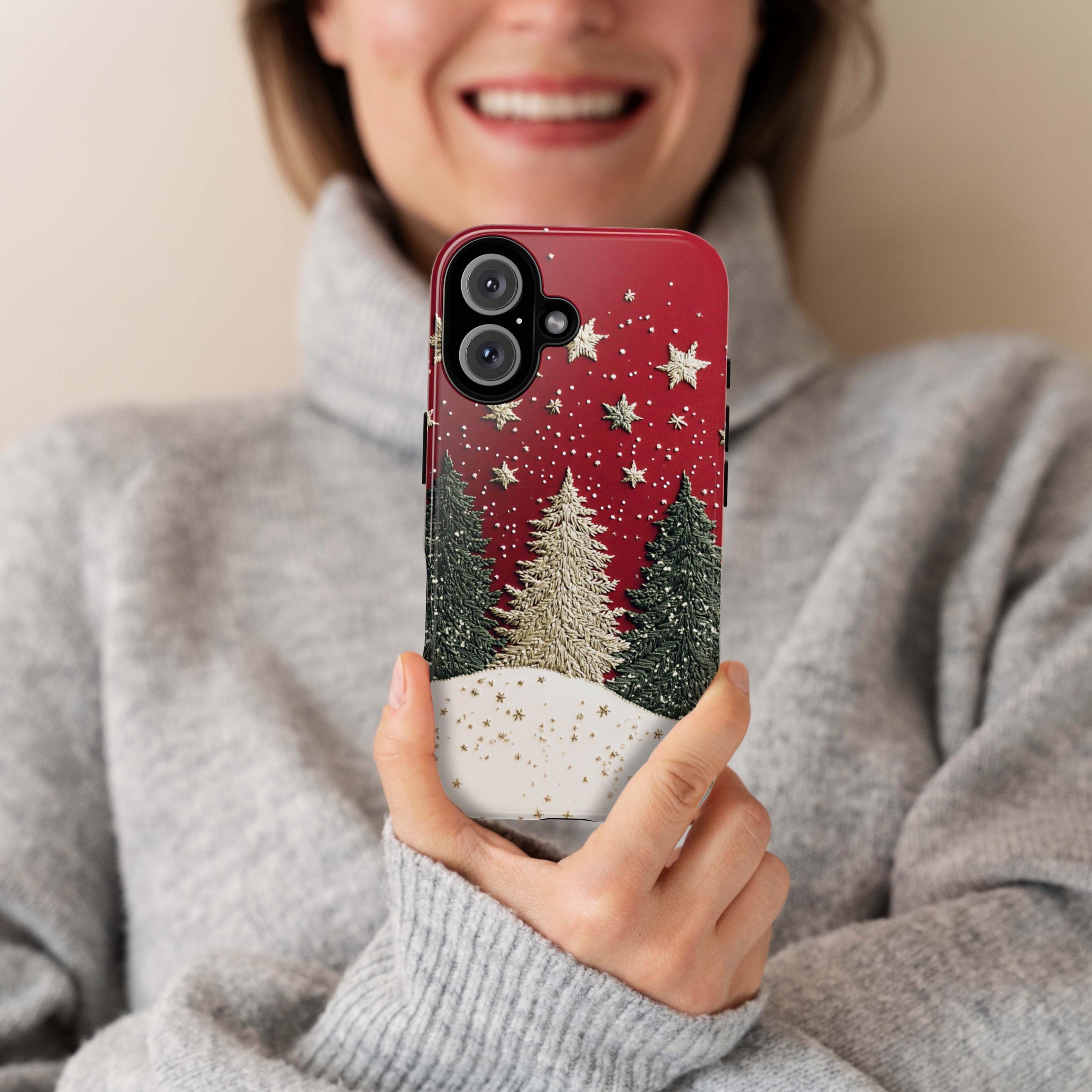 Christmas Tree & Star 3D Winter Phone Case, Embroidered Festive Holiday Phone Cover for iPhone 16 15 14 13 Magsafe Plus, Samsung S24, 444.1