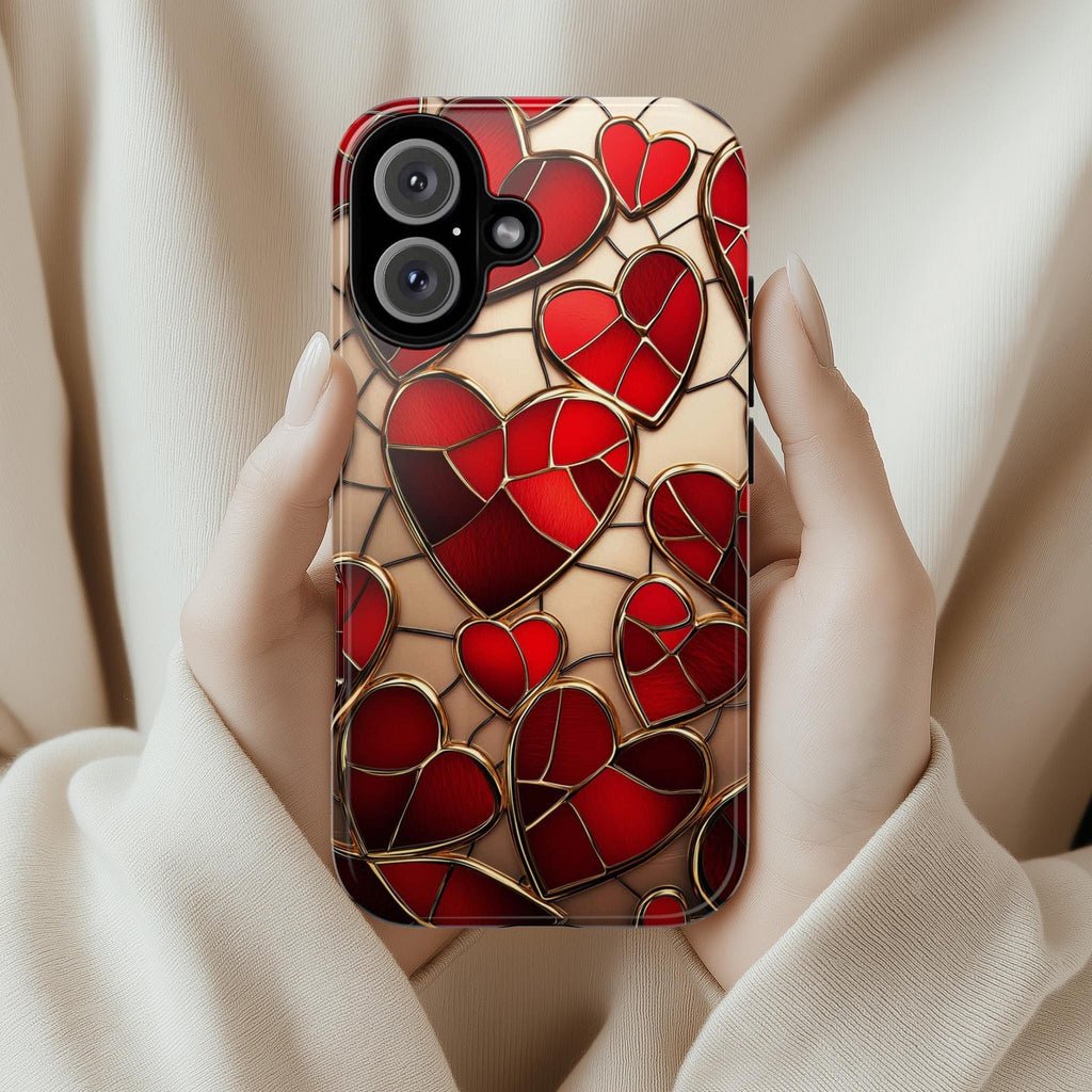 Stained Glass Red Hearts Phone Case - Romantic 3D Design, Perfect for Valentines Day Gift, Artistic Case for iPhone Magsafe, Samsung, 462.1