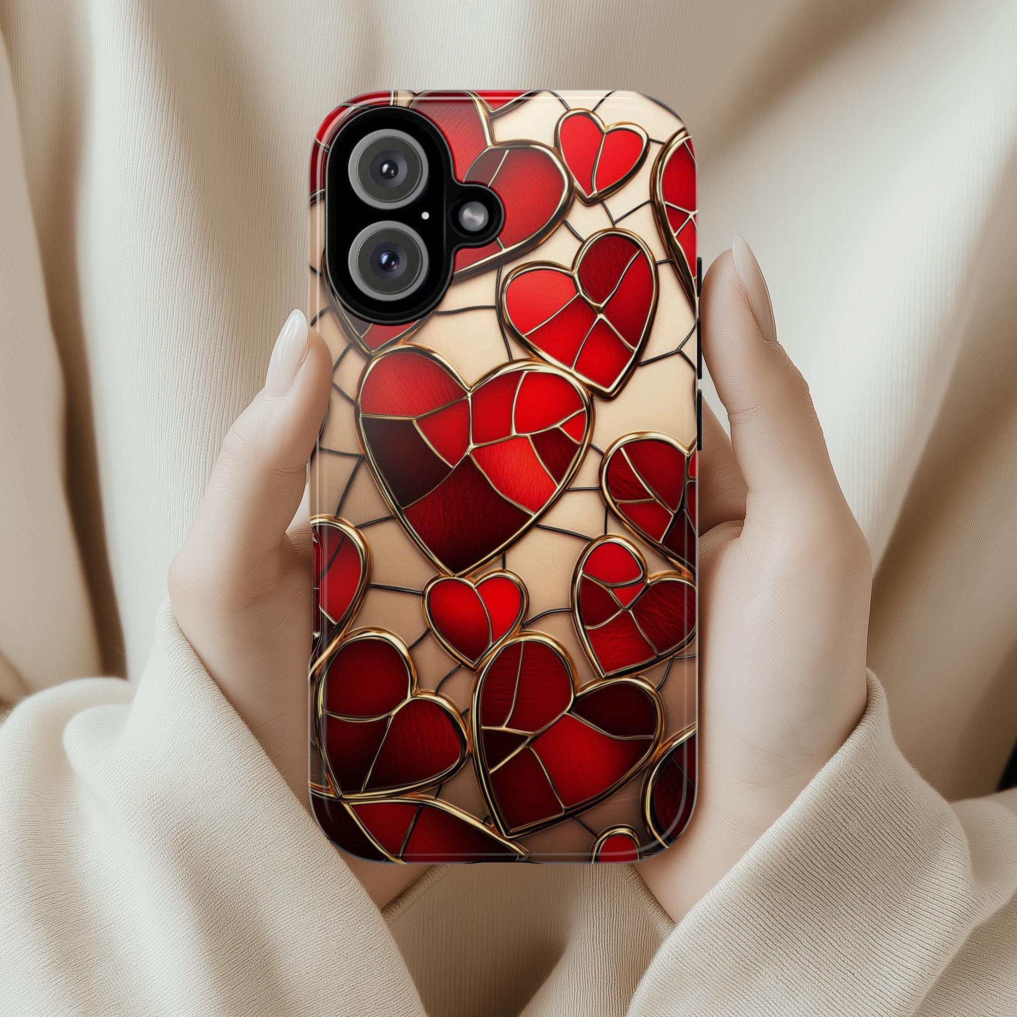 Stained Glass Red Hearts Phone Case - Romantic 3D Design, Perfect for Valentines Day Gift, Artistic Case for iPhone Magsafe, Samsung, 462.1