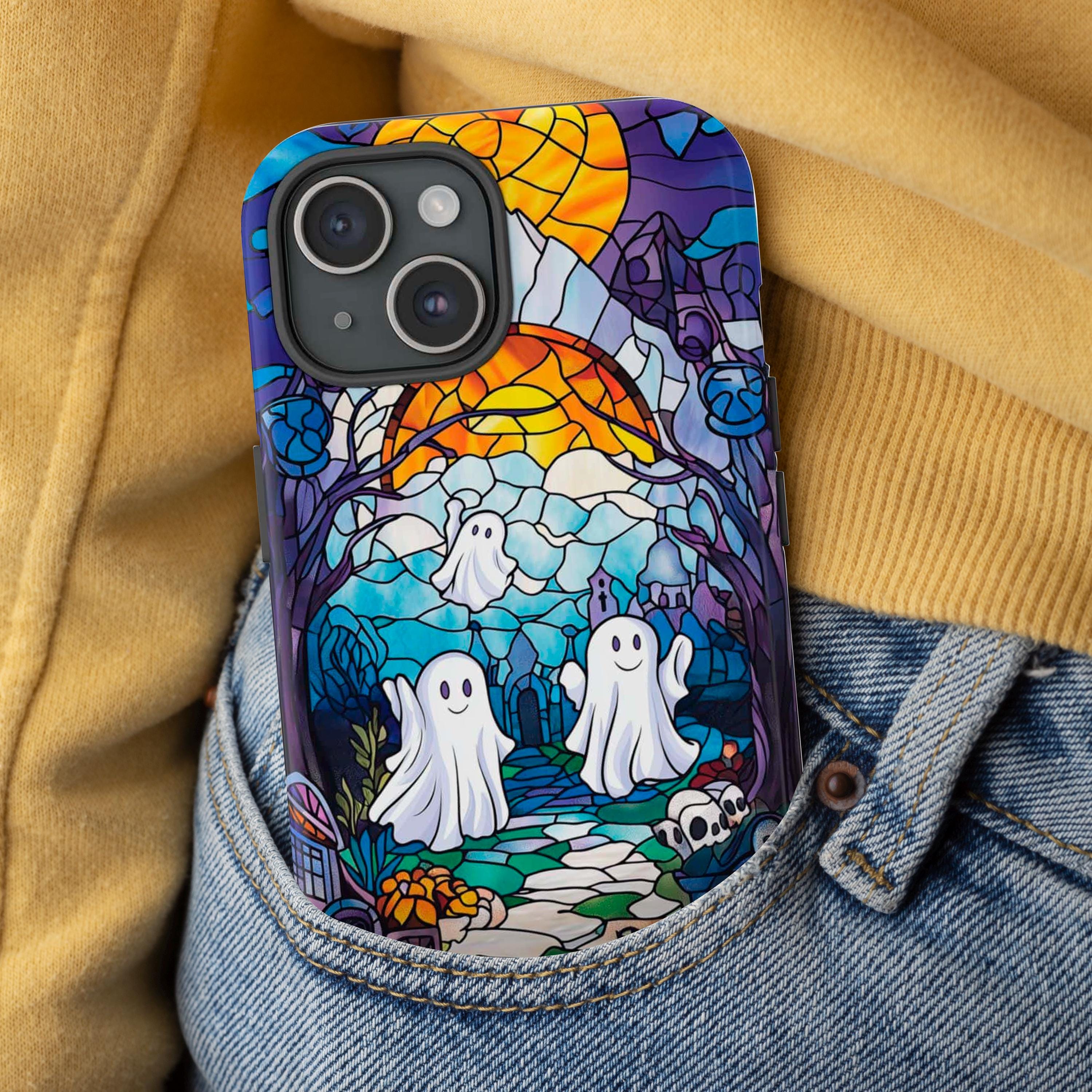 Halloween Phone Case Witchy Ghost Stained Glass Cover Spooky Phone Case for iPhone 16 15 14 13 12 11 Pixel 5 6 7 8 Galaxy S 24 23 22 21 20
