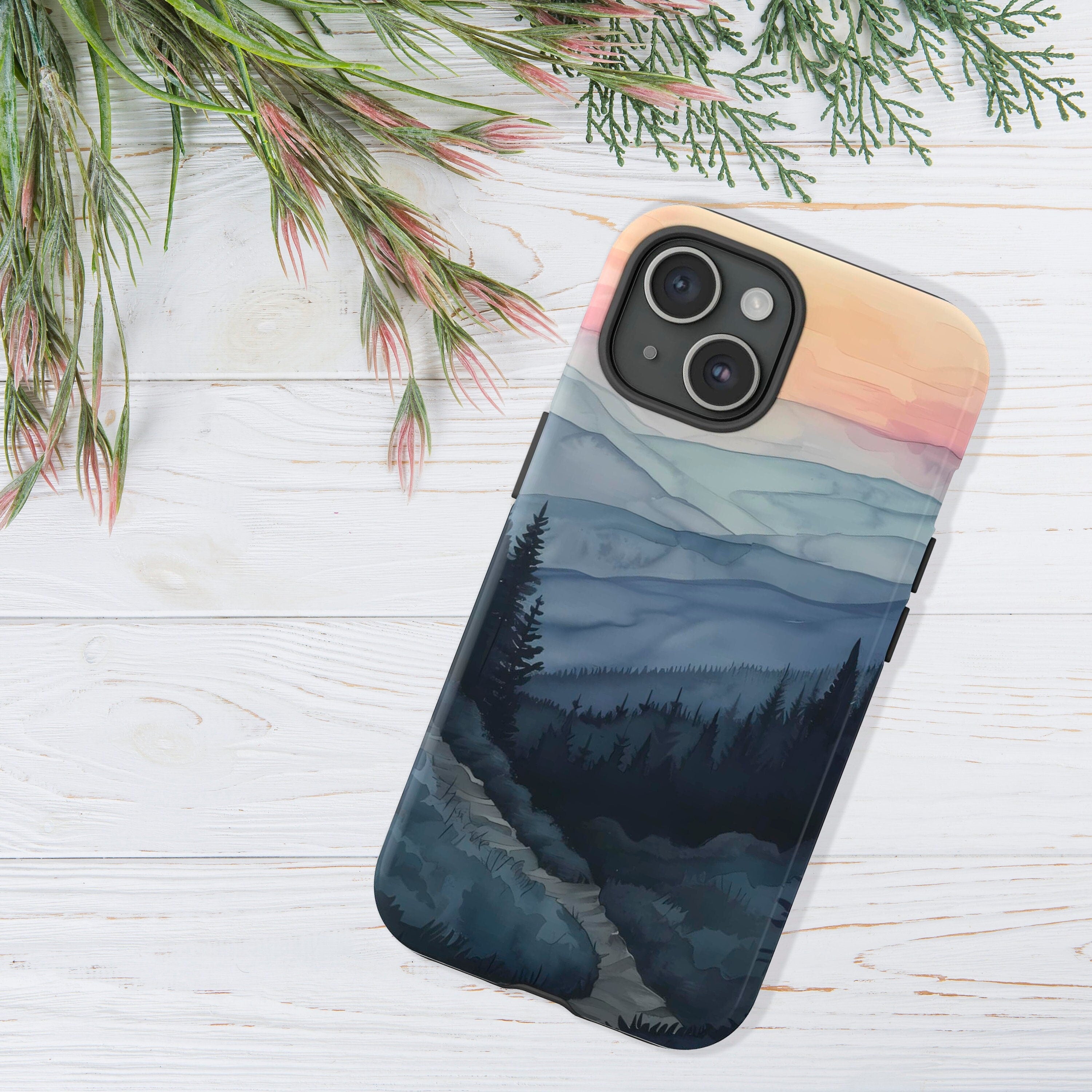 Forest Hiking Trail Phone Case, Pine Trees Mountains Phone Aesthetic Cover for iPhone 16 15 14 13 Pro Max Plus,Samsung Galaxy S25, 380.8