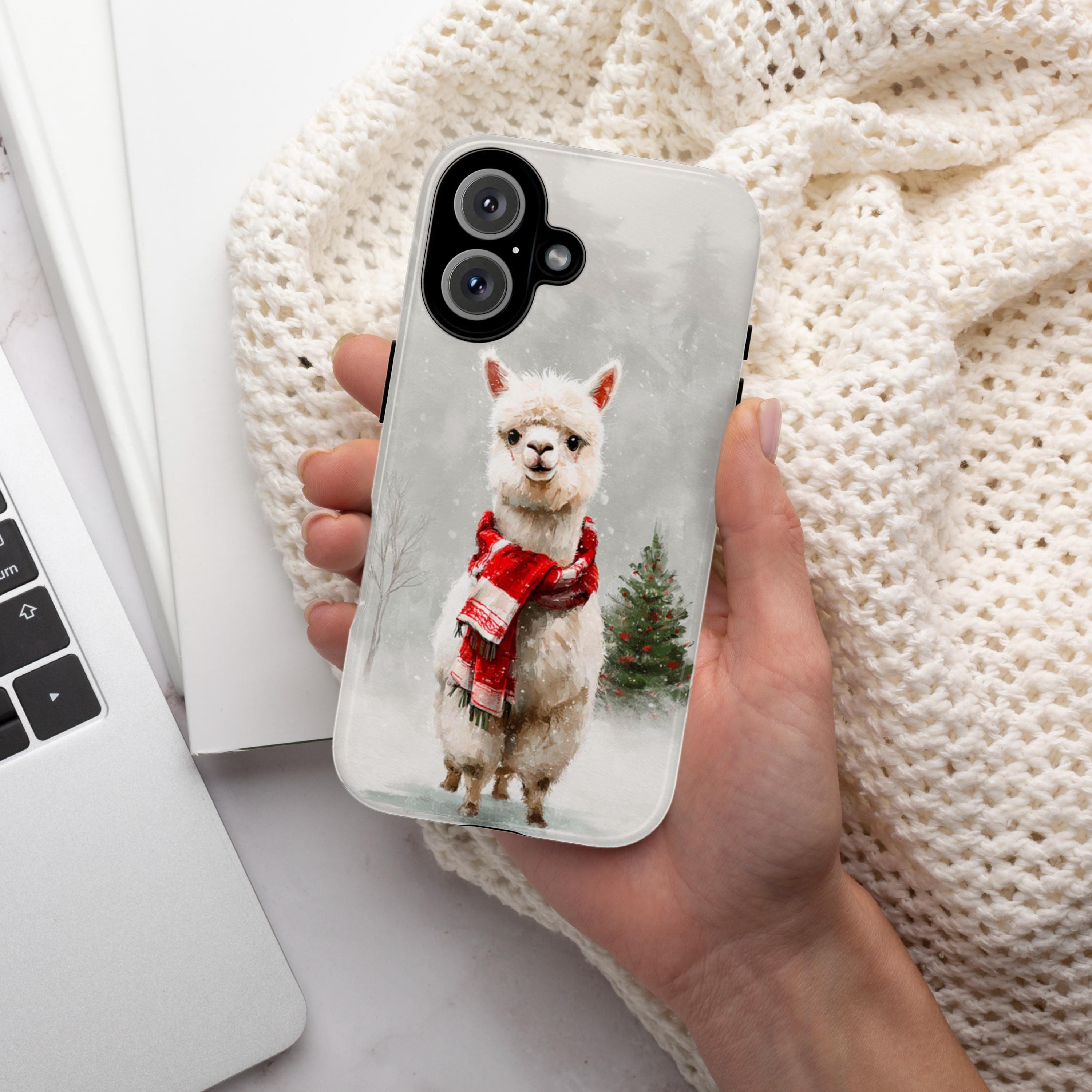 Cute Christmas Alpaca Phone Case with Snowy Winter Design, Funny  Animal Holiday Llama for iPhone 16 15 14 Tough or Magsafe, Samsung, 440.8