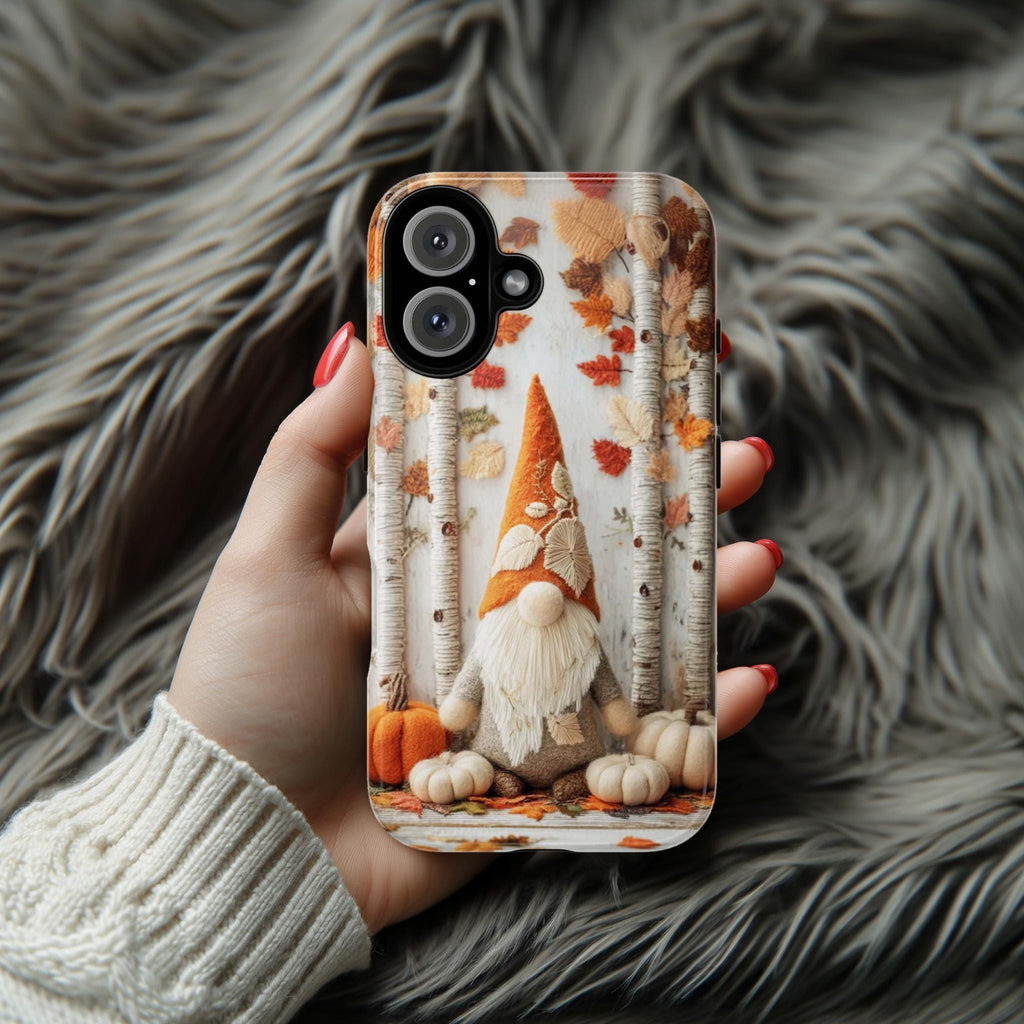 Cute Autumn Gnome Phone Case, Fall Forest White Birch Trees & Pumpkins Cover for iPhone 16 15 Tough or Magsafe, Samsung, 452.22