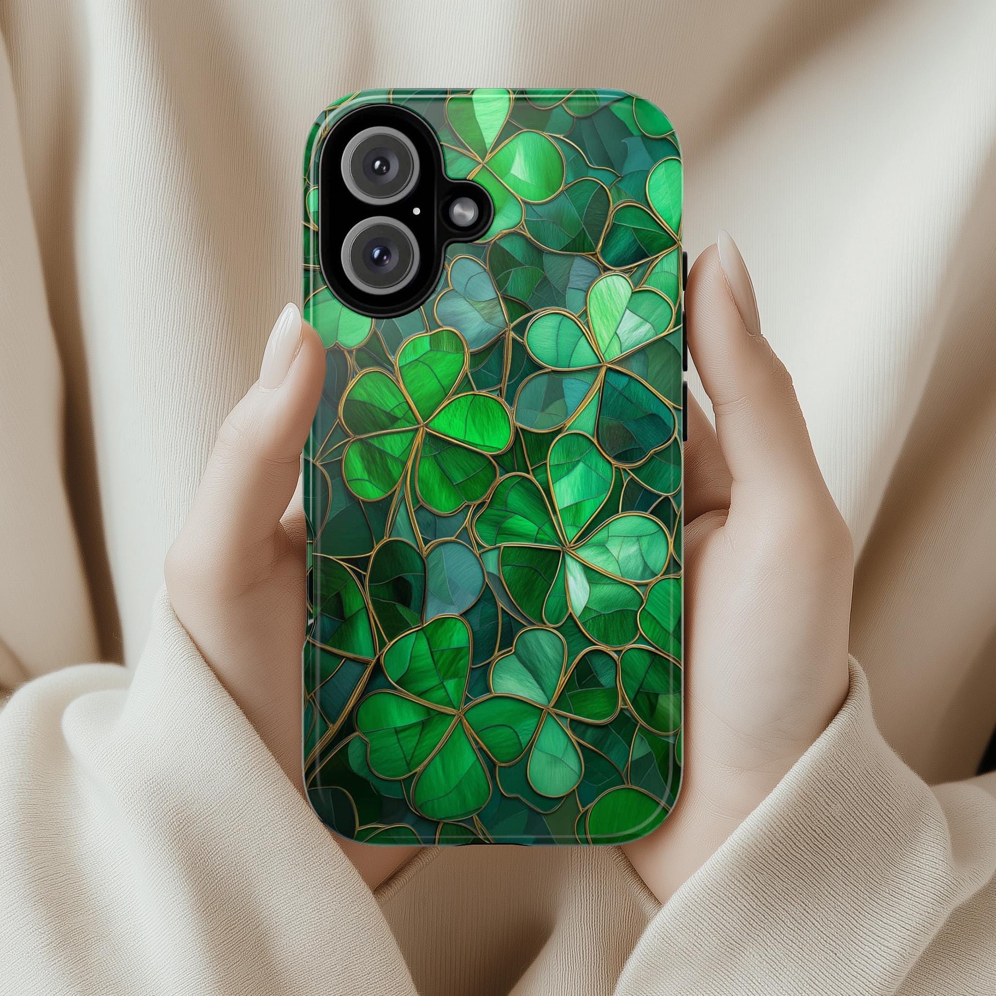 Stained Glass Shamrocks Phone Case, St Patrick's Day Irish Holiday Phone Cover for iPhone 16 15 14 13 Pro Magsafe Samsung Galaxy S24, 457,6