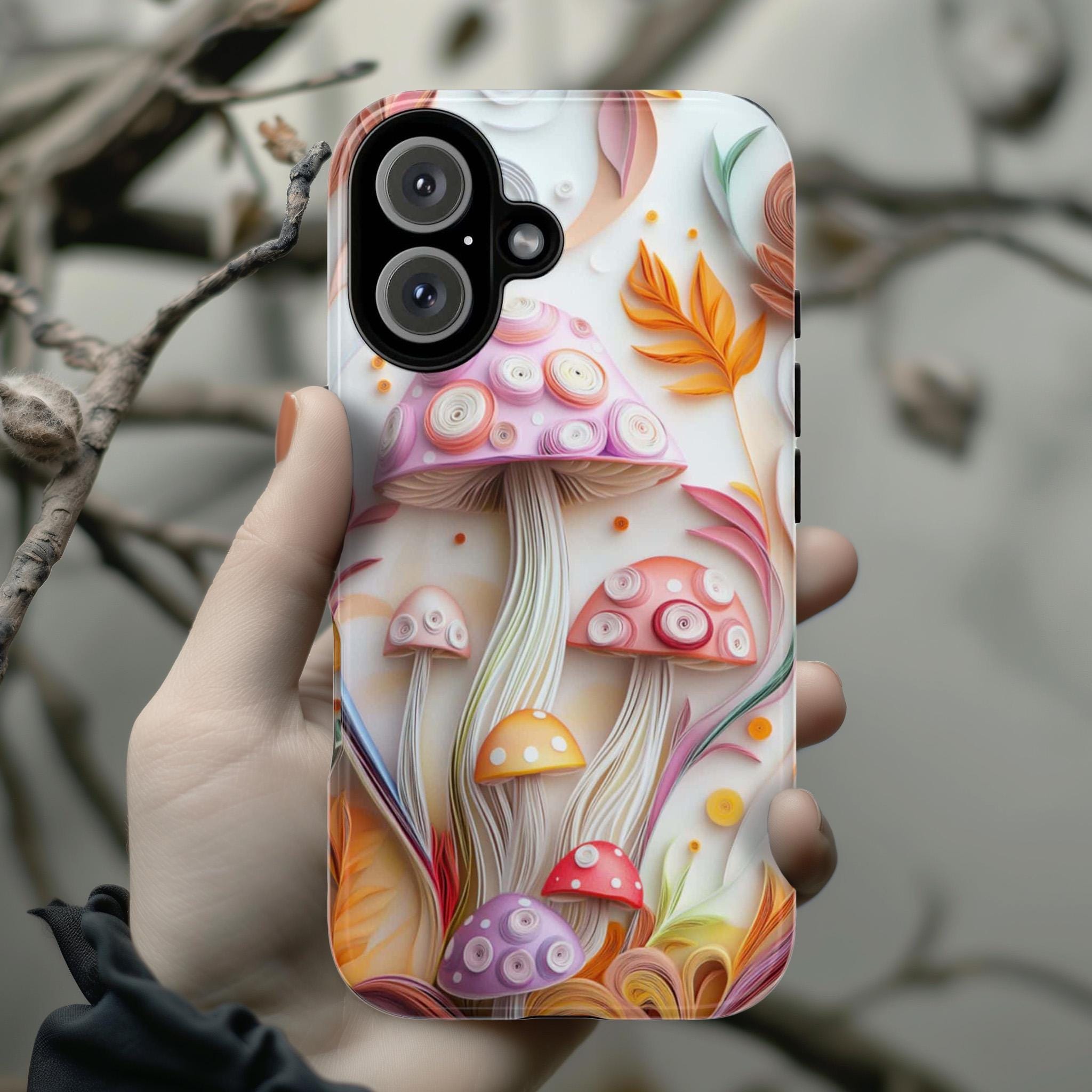 3D Paper Art Mushroom Phone Case with Colorful Botanical Design, Mushroom and Plant Lovers Case for iPhone Tough or MagSafe, Samsung, 470.10