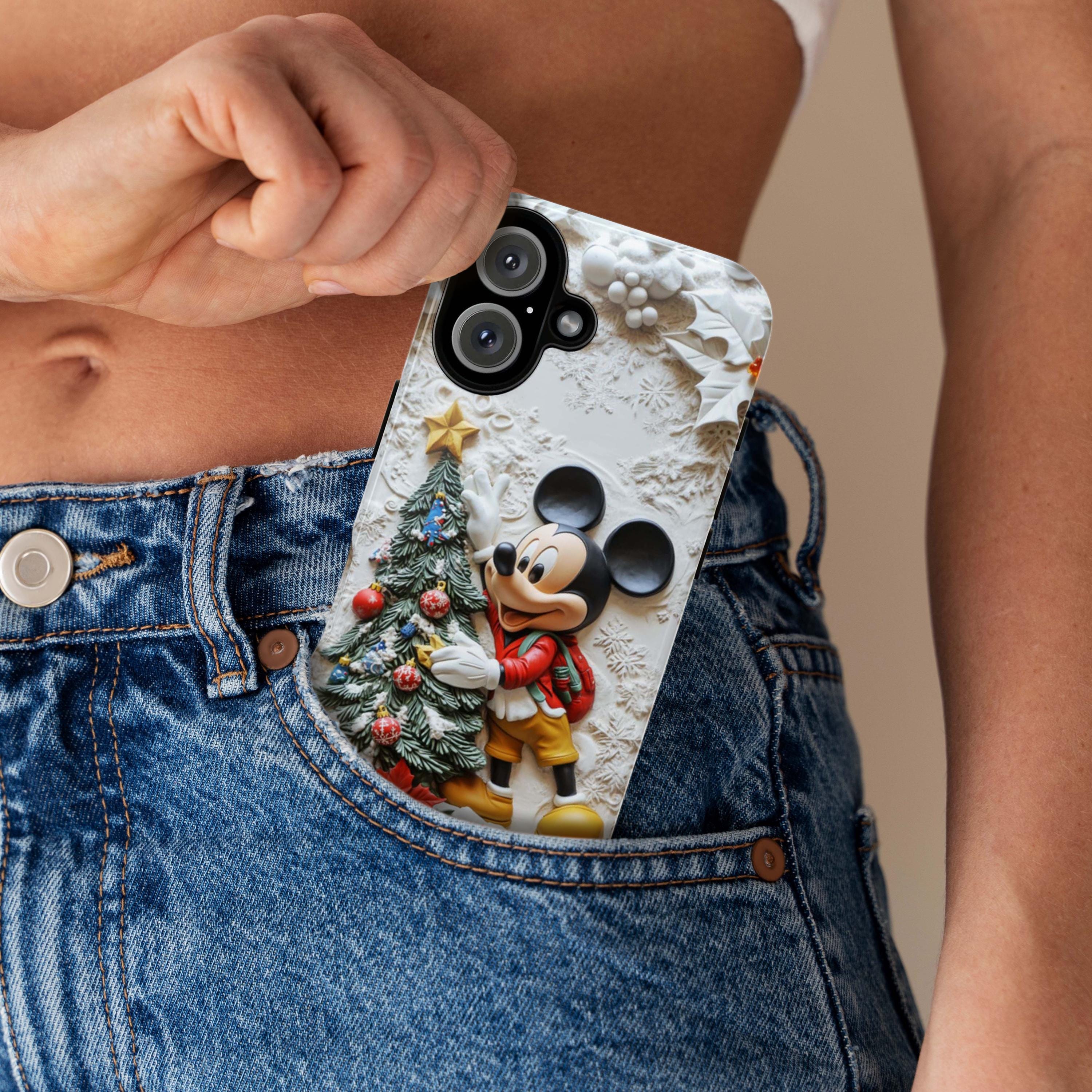 Xmas Mickey Mouse 3D effect Phone Case, Cartoon Design, Mickey Christmas Tree Phone Case for iPhone 16 15 Magsafe, Samsung S24, 442.12