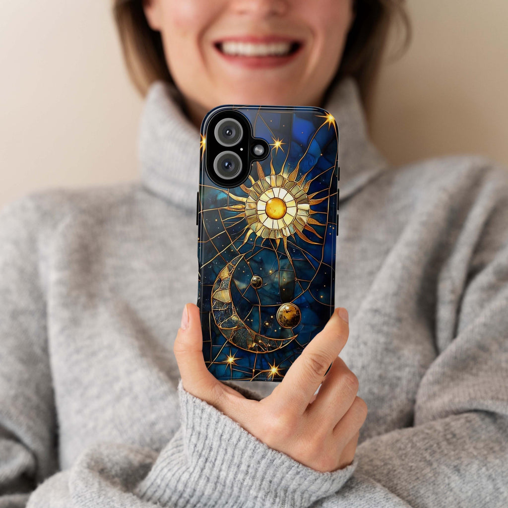 Celestial Stained Glass Print Moon and Stars Phone Case, Mystic Starry Night Cover for iPhone 16, 15, 14, 13 Magsafe & Samsung, Pixel, 432.5