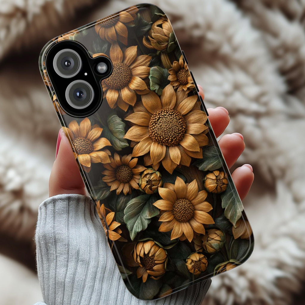 3D Sunflowers Wood Carved Flowers Phone Case, Floral Artistic Protective Cover for iPhone 16, 15, 14, 13 Magsafe & Samsung, Pixel, 439.38