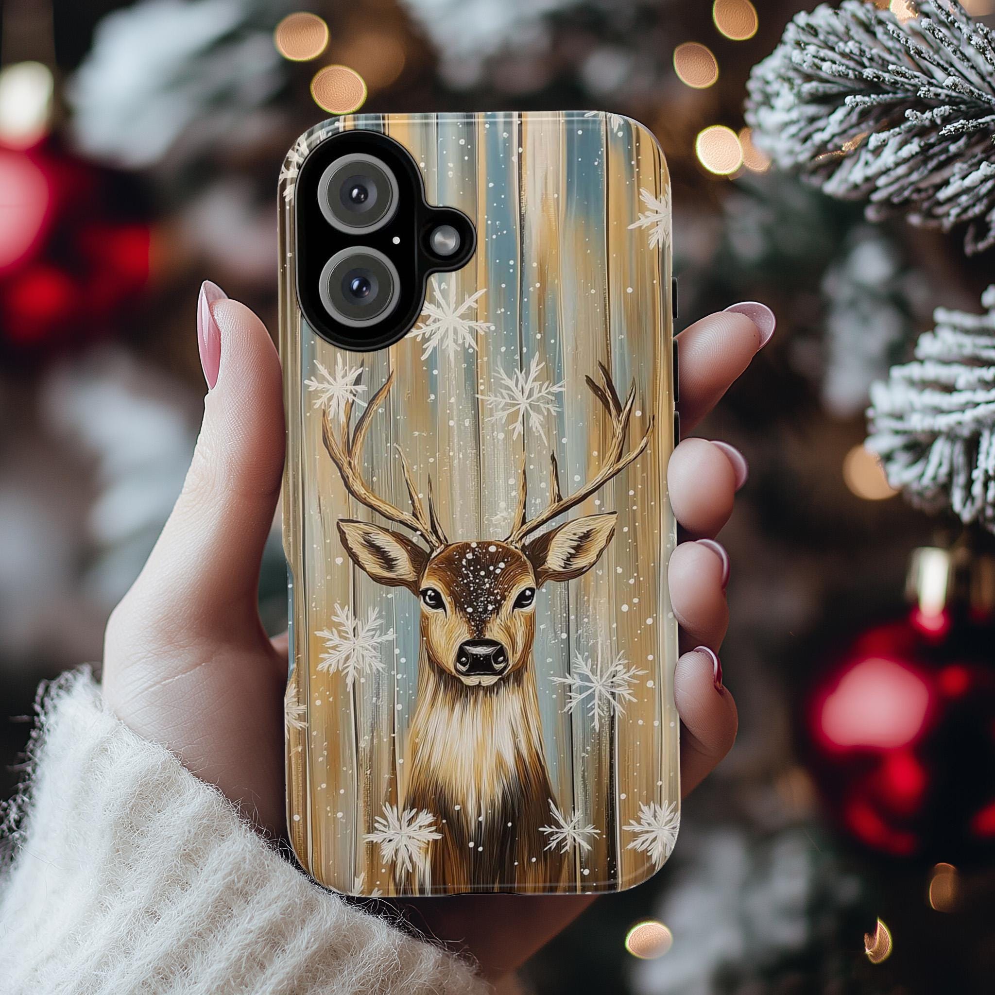 Christmas Reindeer Phone Case | Snowy Golden White Holiday Design, Xmas Cover for iPhone 17 16 15 Tough or Magsafe, Samsung, 440.7