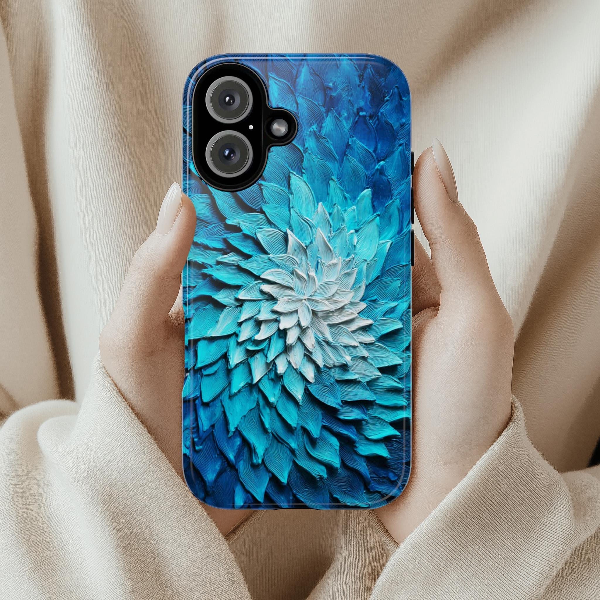 Ocean Blue Dahlia Phone Case, 3D Painted Floral Effect, Artistic Design for iPhone 16 15 14 13 Tough or Magsafe, Samsung, 476.15