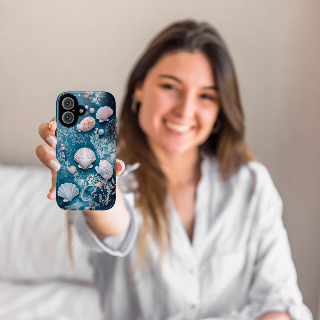 Ocean Shell Phone Case, 3D Stlye Blue Sea Design & Marine Plants, Seashells Underwater Texture Tough or Magsafe for iPhone, Galaxy, 455.17