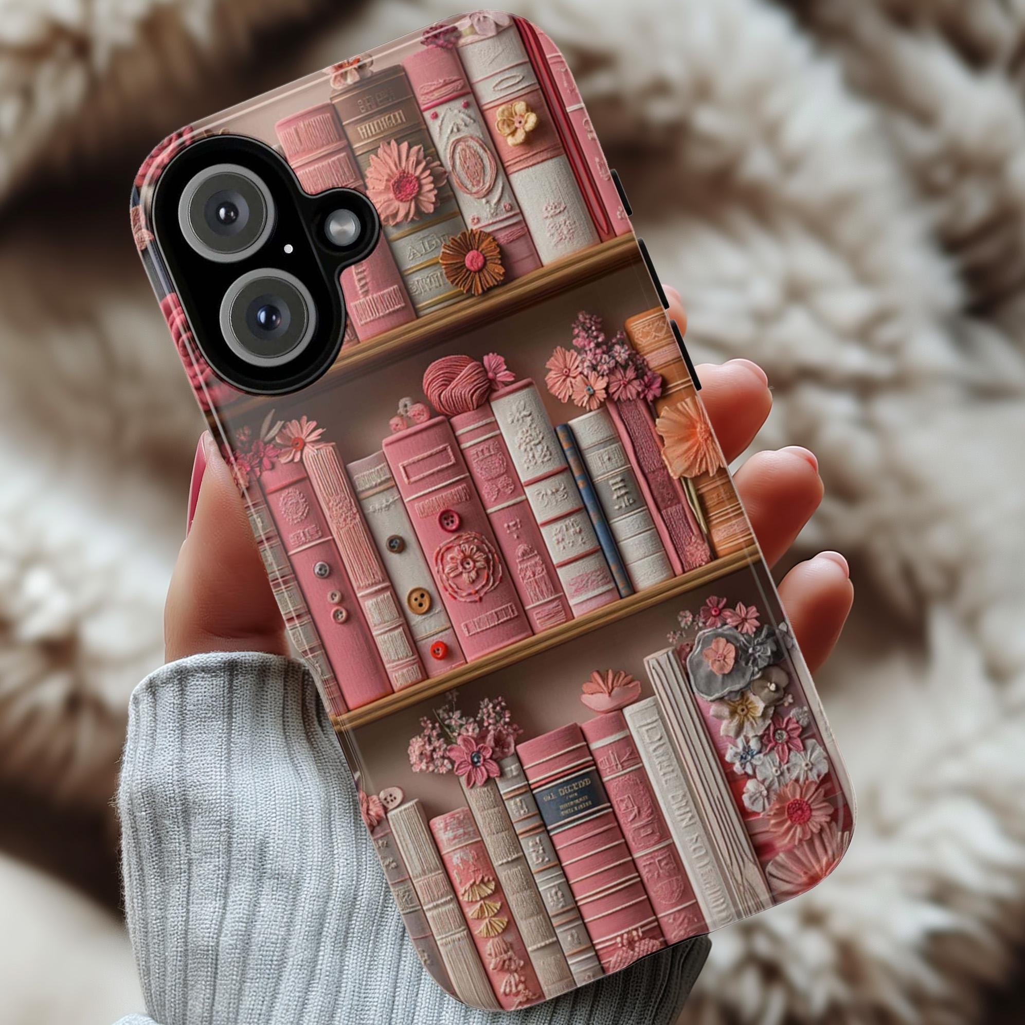 Vintage Pink Library Floral Phone Case, Book and Flowers Design, Bookworm Phone Case for iPhone 16 15 14 13 Magsafe, Samsung S25, 423.21