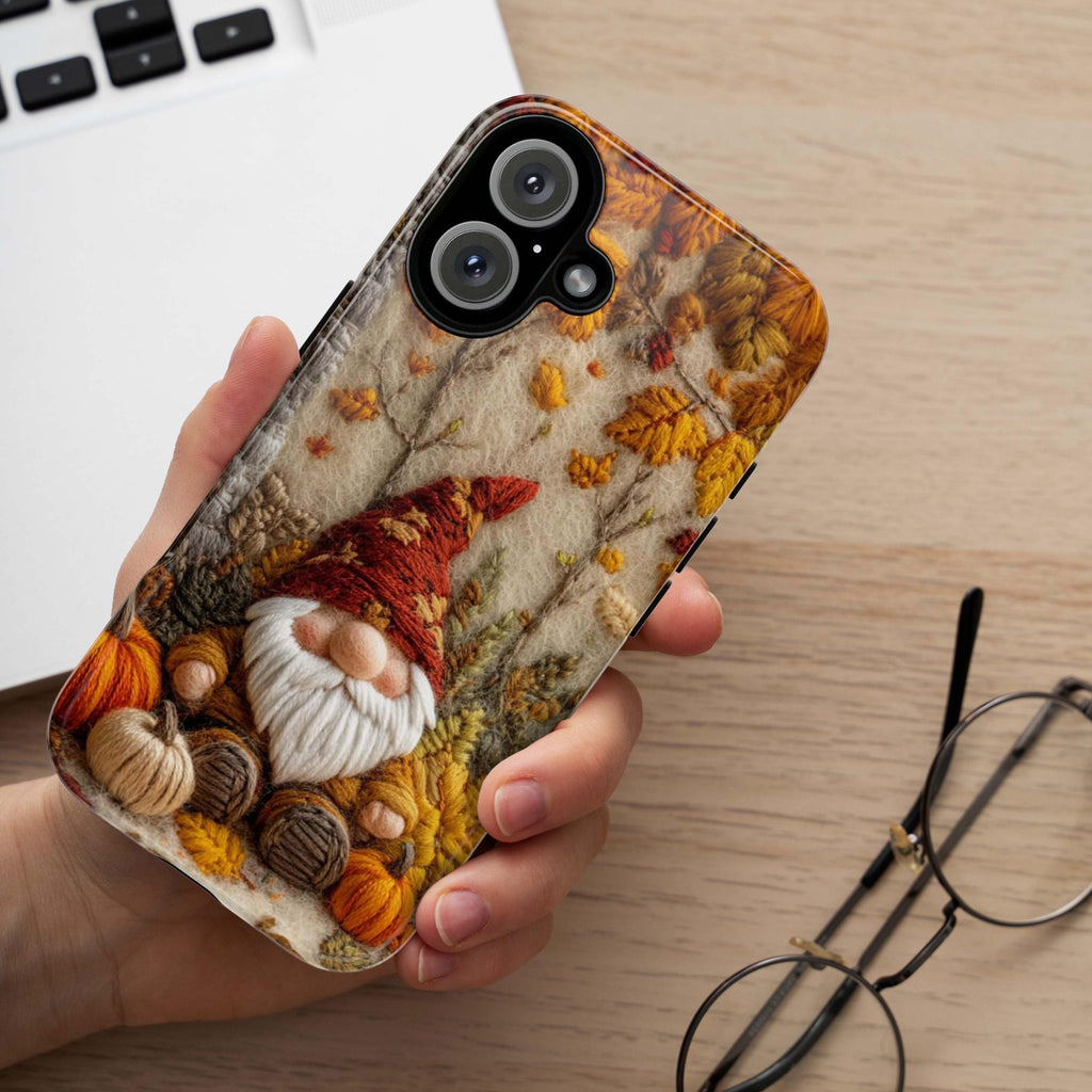 Fall Gnome Embroidery MagSafe Phone Case, Cozy Autumn Design with Fall Leaves and Pumpkins Case iPhone 16 15 14 13 12 / Samsung S24, 452.2