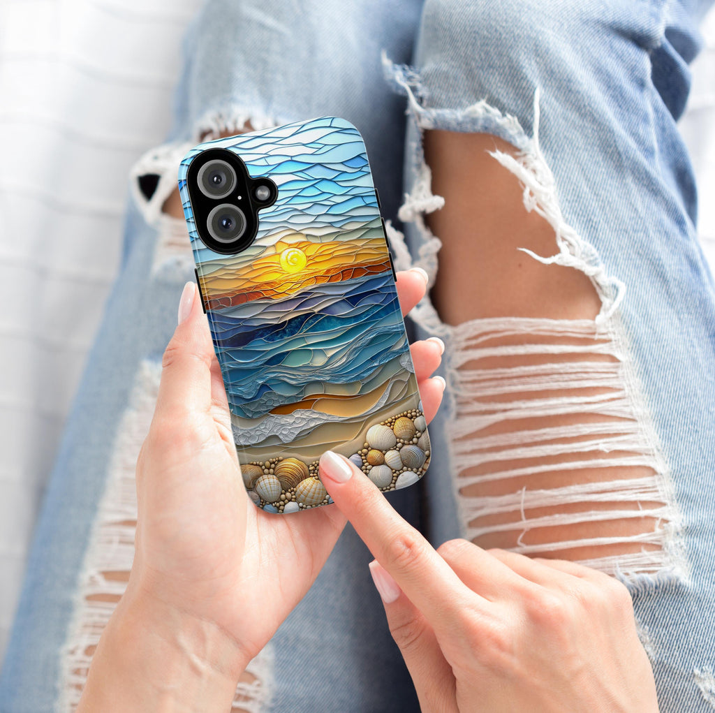 Stained Glass Summer Beach Sunset Phone Case, 3D Seashell Ocean Magsafe for iPhone 16 15 14 13 Pro Max Plus / Samsung S24 Pixel, 455.1