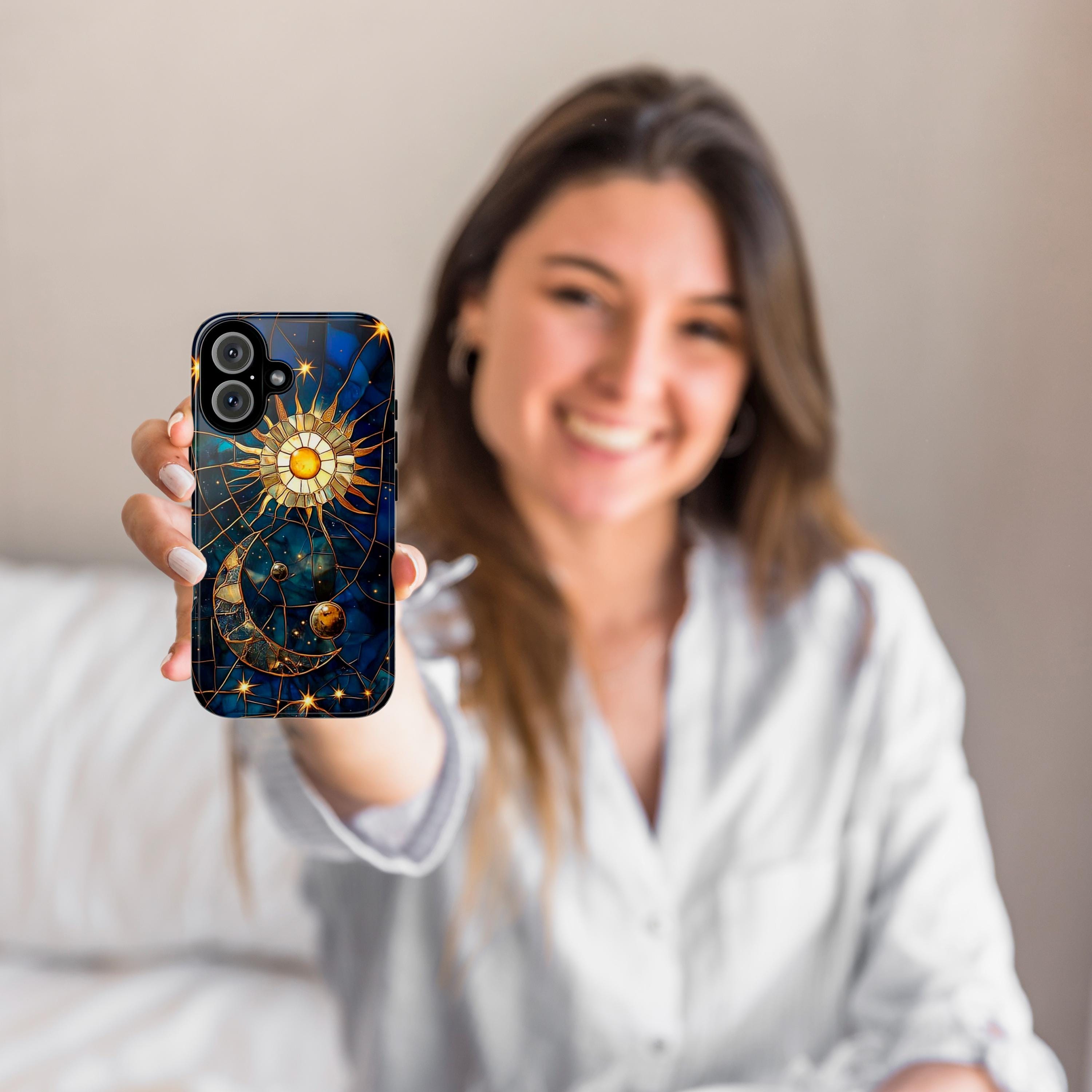 Celestial Stained Glass Print Moon and Stars Phone Case, Mystic Starry Night Cover for iPhone 16, 15, 14, 13 Magsafe & Samsung, Pixel, 432.5