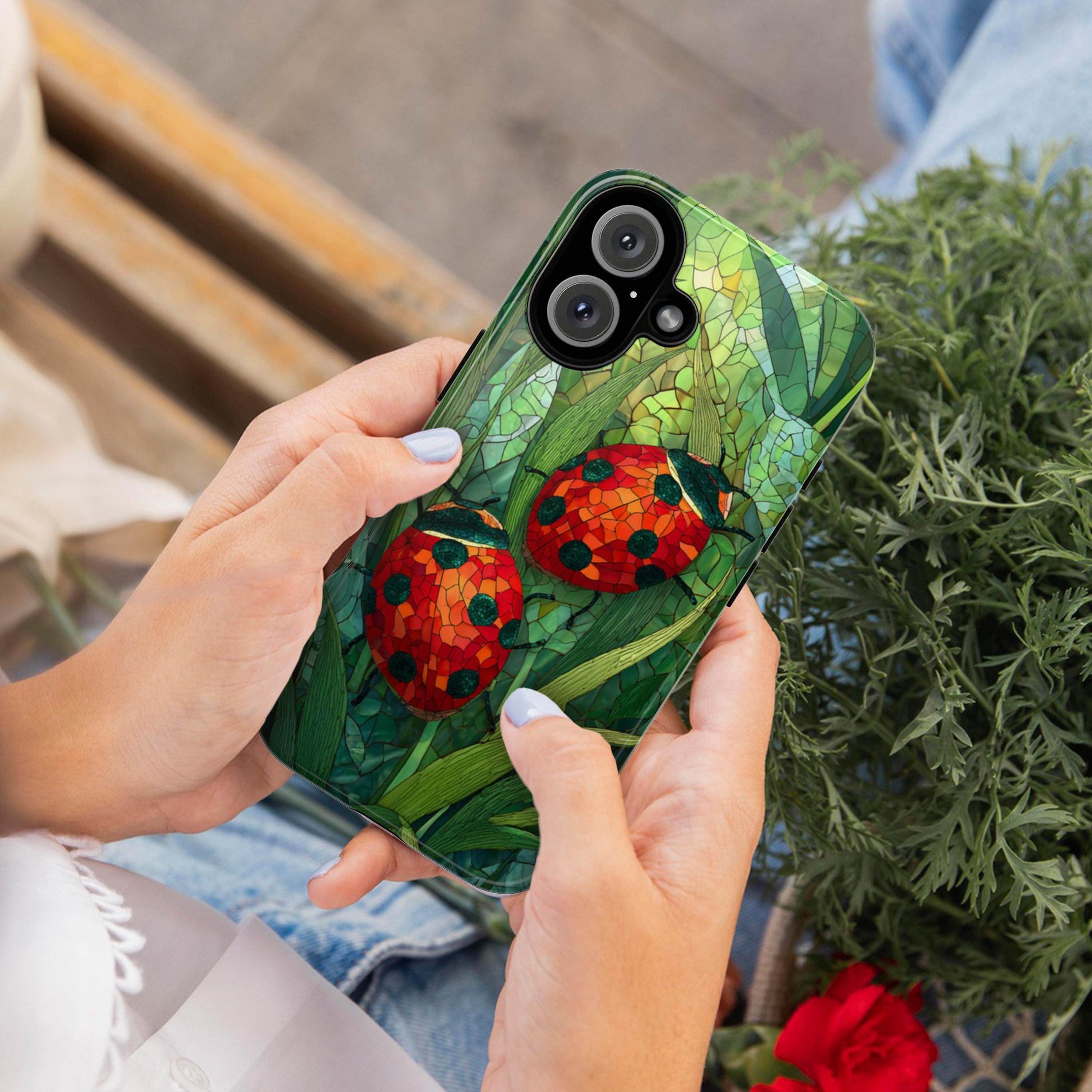 Stained Glass Ladybugs & Plants Phone Case, Artistic Nature Cover, Garden Design for iPhone 16 15 14 13 Tough or Magsafe, Samsung, 478.1