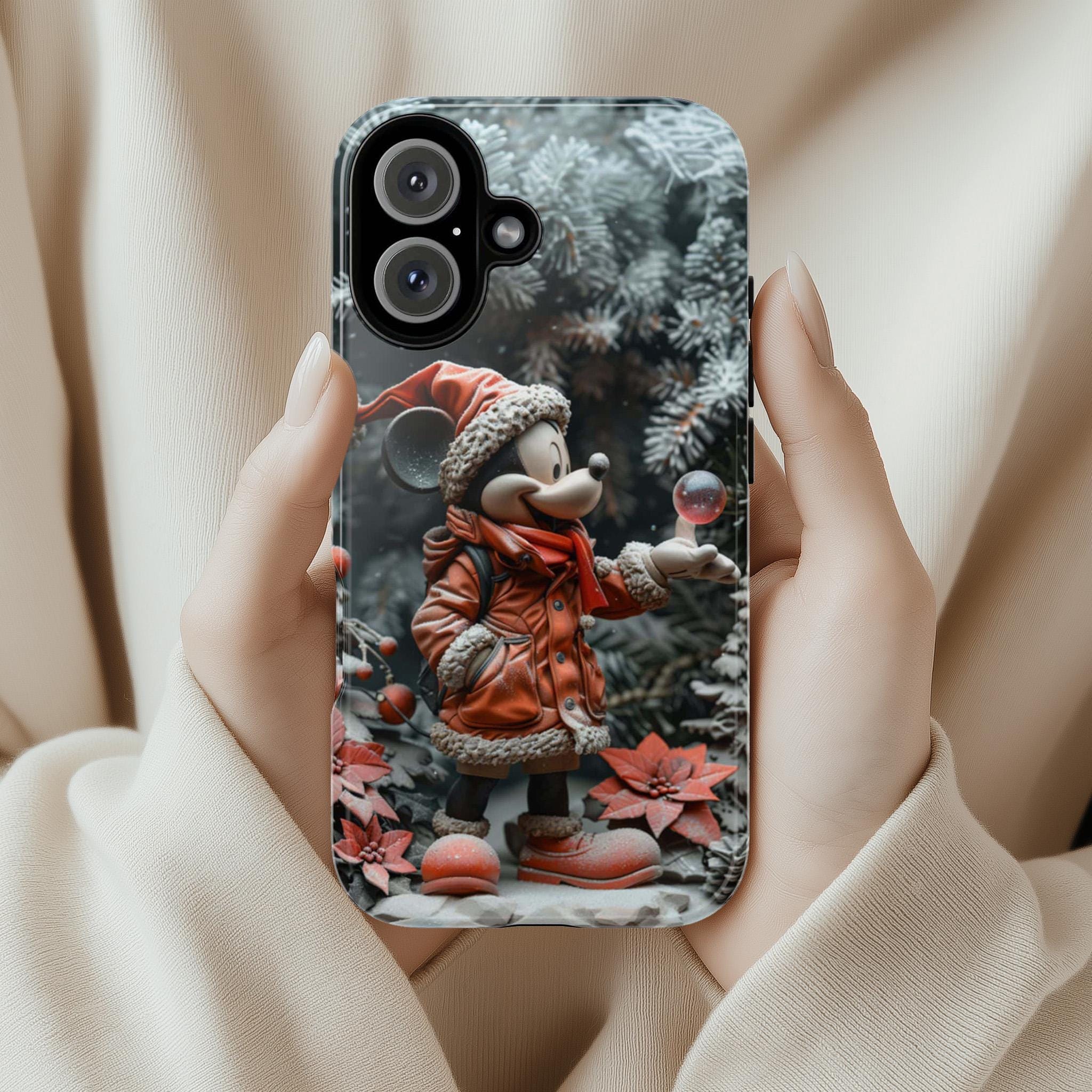 Xmas Mickey Mouse 3D Phone Case, Cartoon Santa Case, Disney Christmas Snowy Forest Case for iPhone 16 15 Magsafe, Samsung S24, 442.26