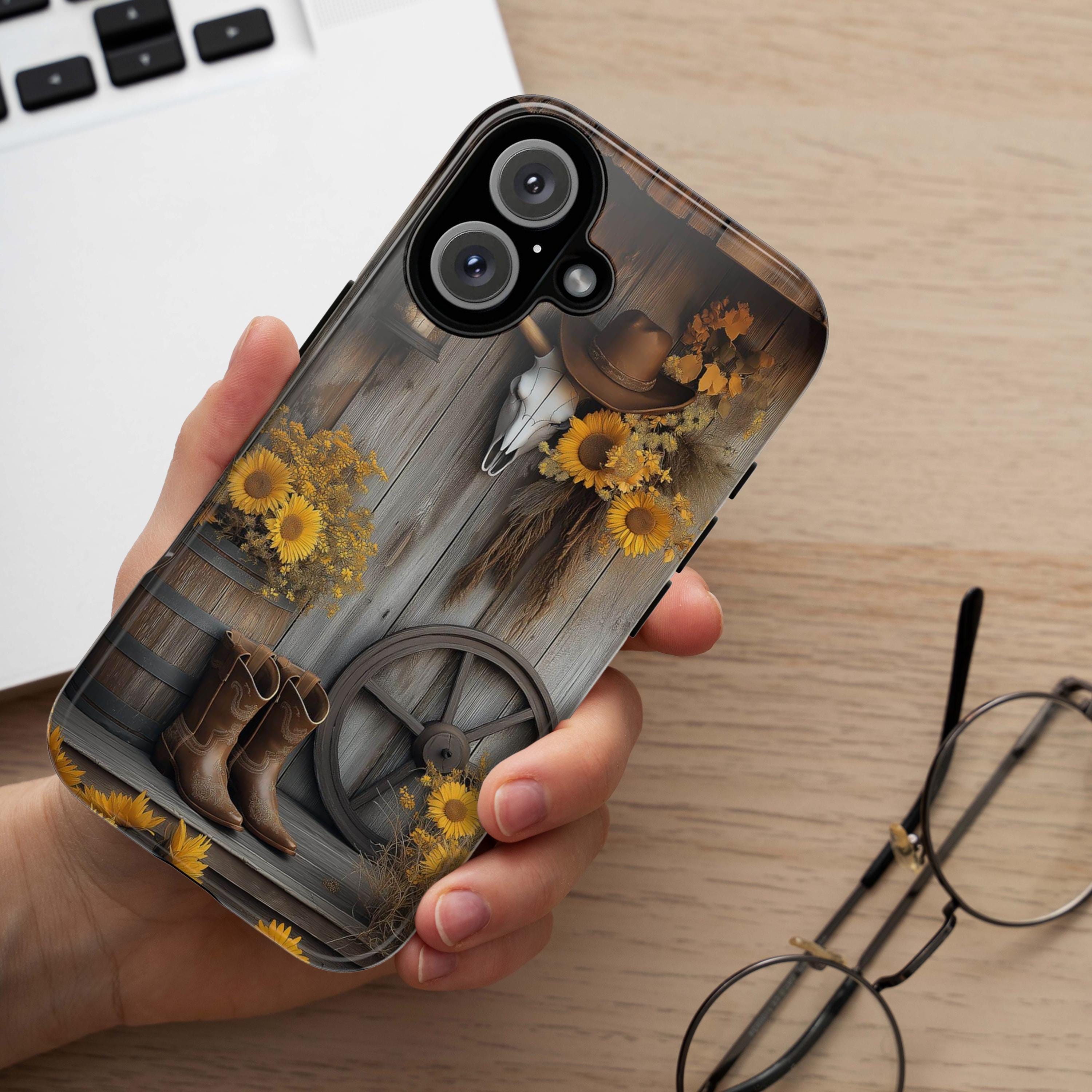 Rustic Western Style Phone Case, Sunflower Phone Case, Cow Skull Vintage Farmhouse Phone 16 15 14 13 Pro Max Plus, Samsung S24, 460.1