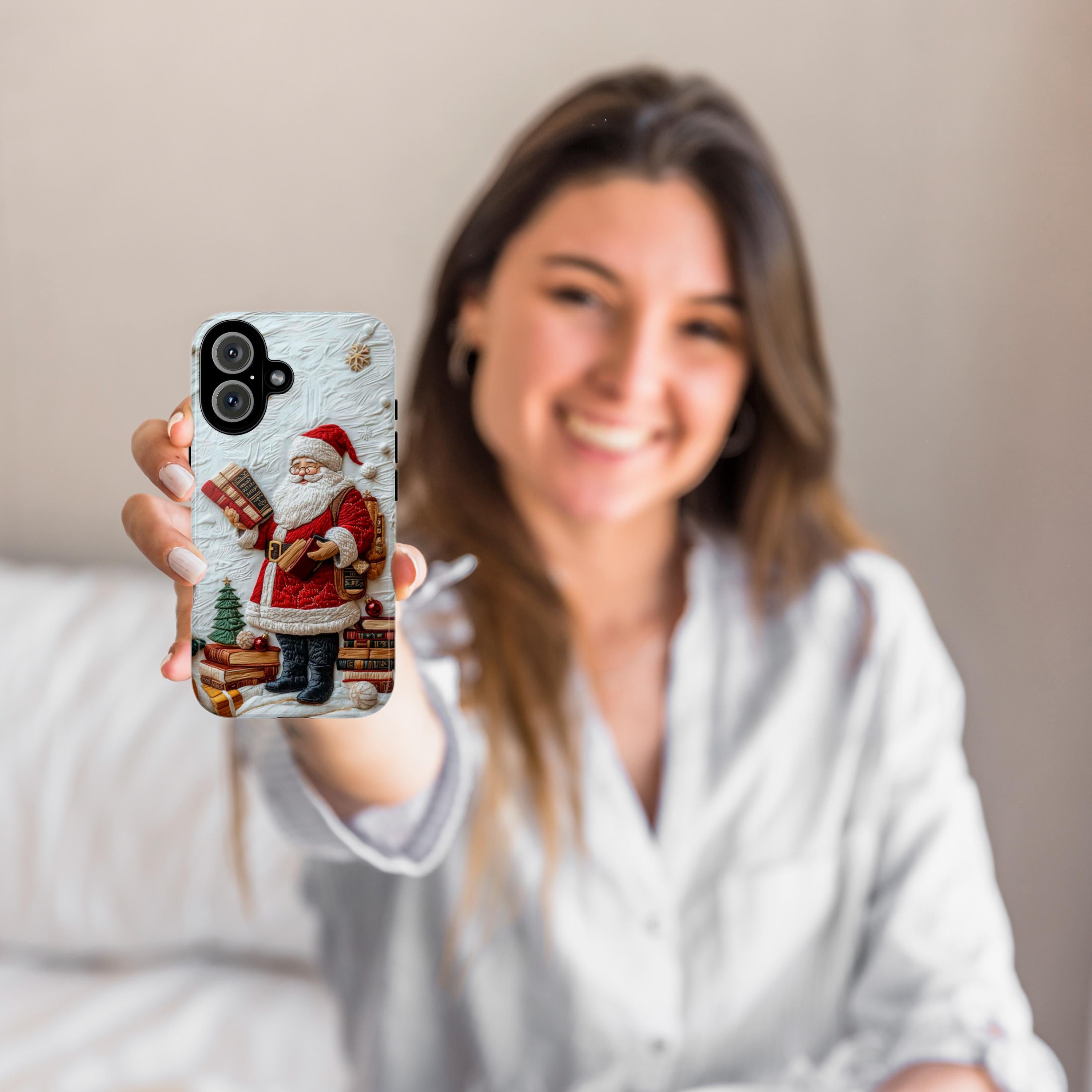 Holiday Santa & Books 3D Embroidered effect Phone Case, Winter Festive Design for iPhone 16 15 14 13 Magsafe Plus, Samsung S24, 444.7
