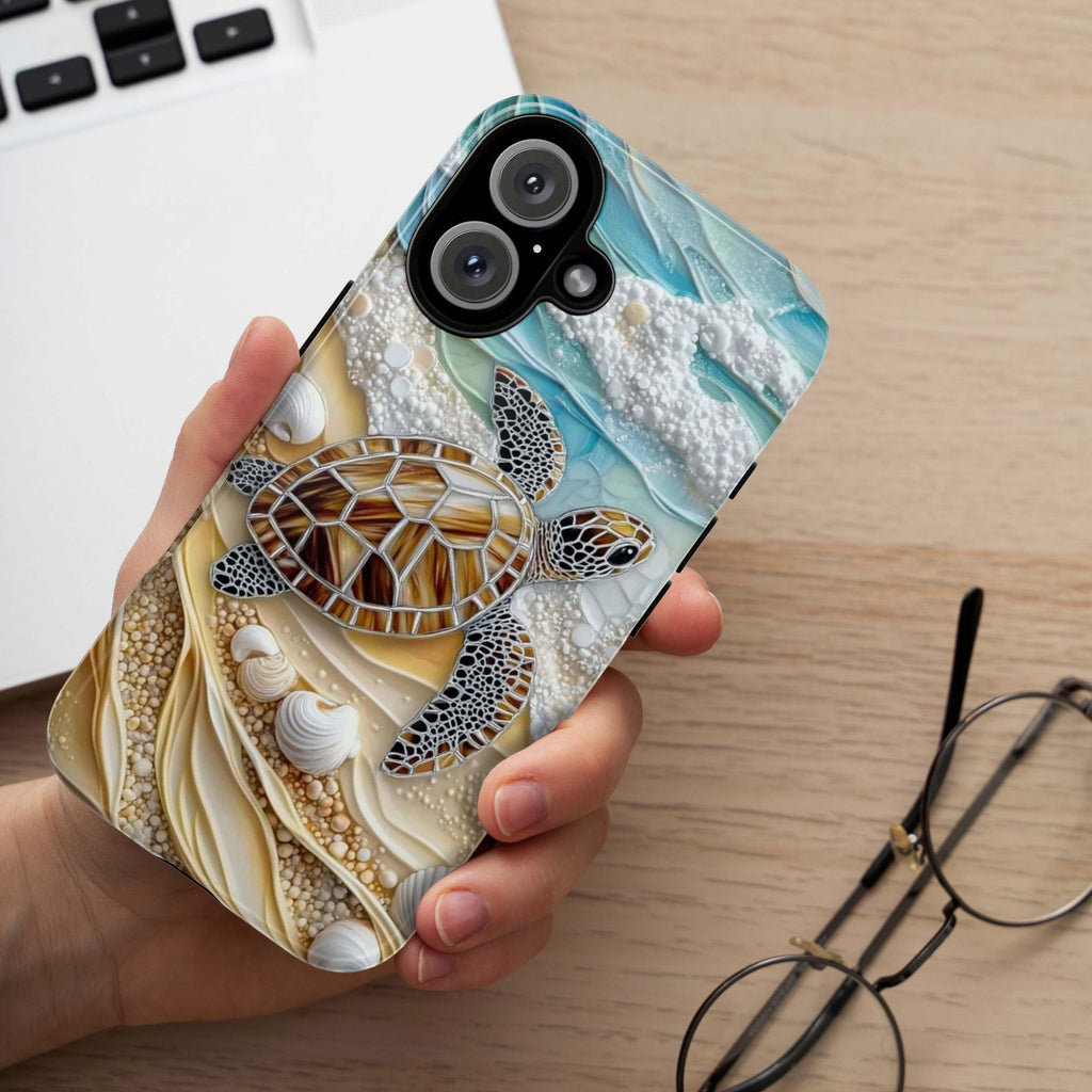 3D Ocean Turtle Beach Phone Case, Sea Waves and Shells Design for iPhone 16, 15, 14, 13 Tough or Magsafe, Samsung Galaxy S25, Pixel 9, 455.9