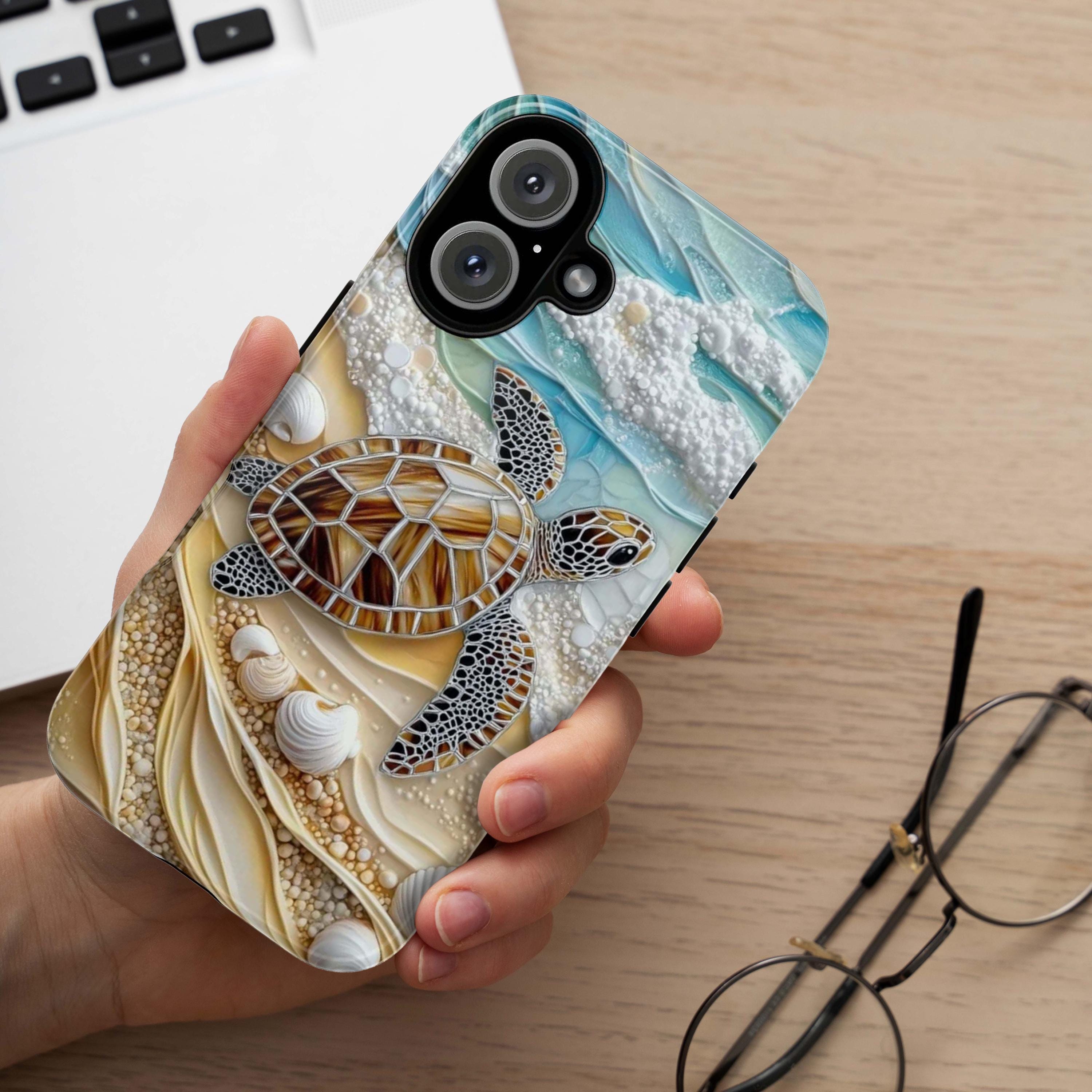 3D Ocean Turtle Beach Phone Case, Sea Waves and Shells Design for iPhone 16, 15, 14, 13 Tough or Magsafe, Samsung Galaxy S25, Pixel 9, 455.9