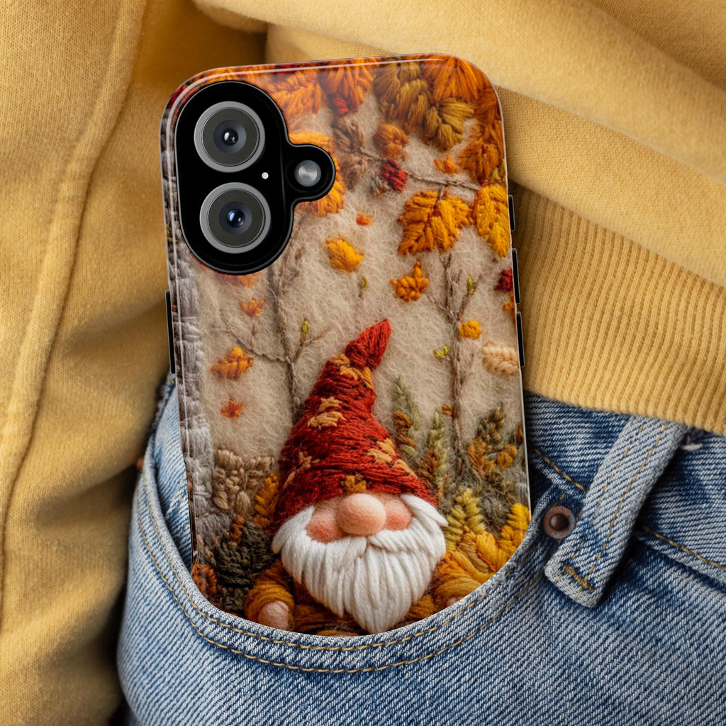 Fall Gnome Embroidery MagSafe Phone Case, Cozy Autumn Design with Fall Leaves and Pumpkins Case iPhone 16 15 14 13 12 / Samsung S24, 452.2