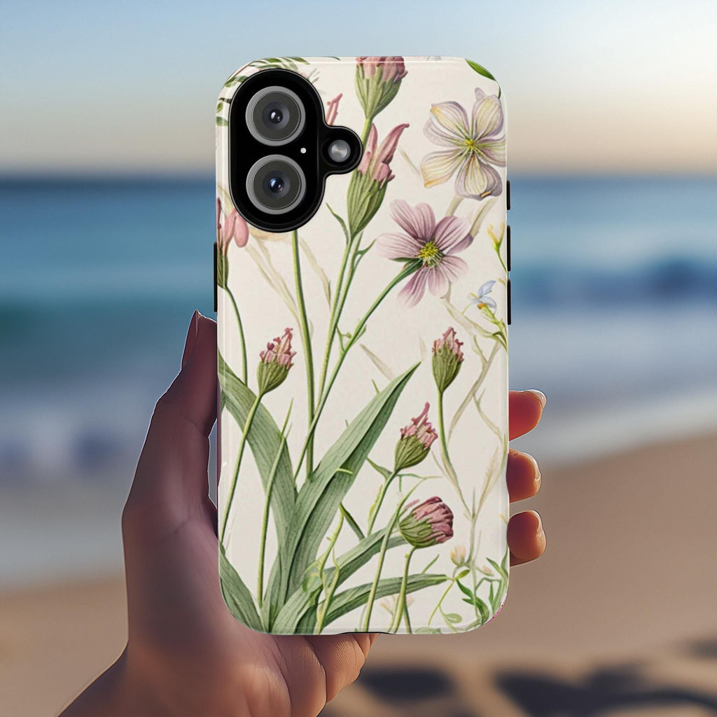 Botanical Floral Phone Case, Wild Flowers Spring Vibes Phone Cover with Ghost Leaves for iPhone 16 15 Pro Max Plus/Samsung S25, 0014.4