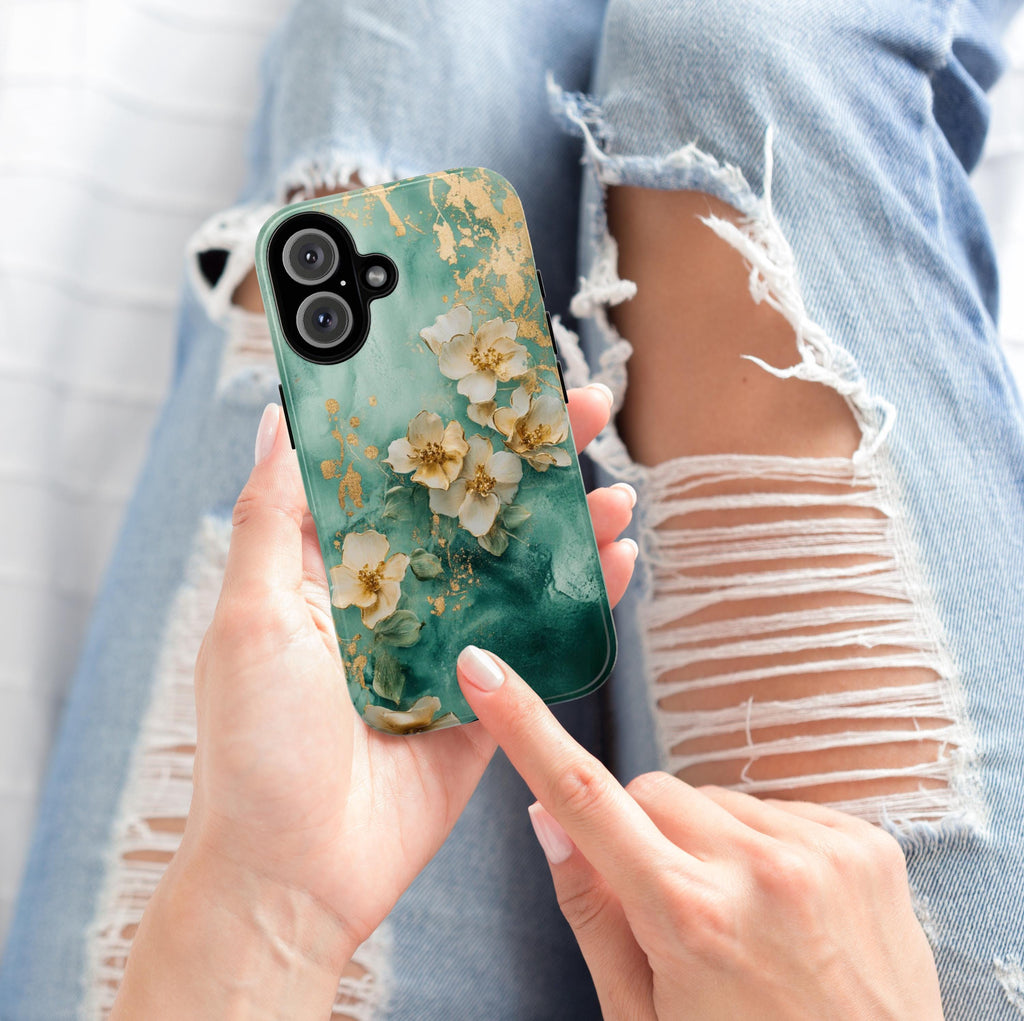 Pastel Golden Flowers Art Phone Case, Glitter Floral Design, Romantic Blossom Phone Cover for iPhone 16 15 Pro Max Plus, Samsung S24, 436.3