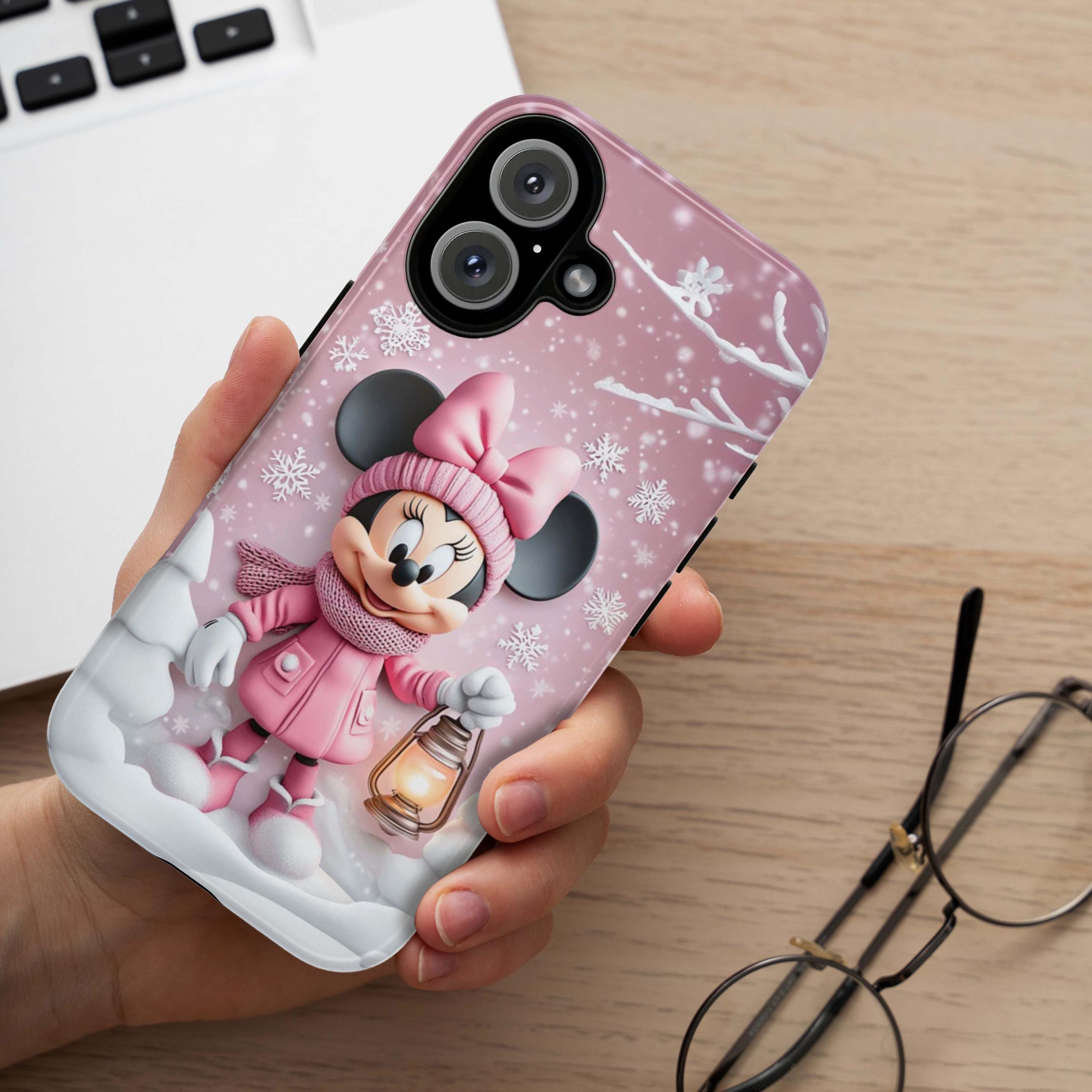 Minnie Mouse 3D Phone Case, Cartoon Xmas Design Pink Minnie Mouse Christmas Phone Case for iPhone 16 15 14 Magsafe, Samsung S24, 442.5