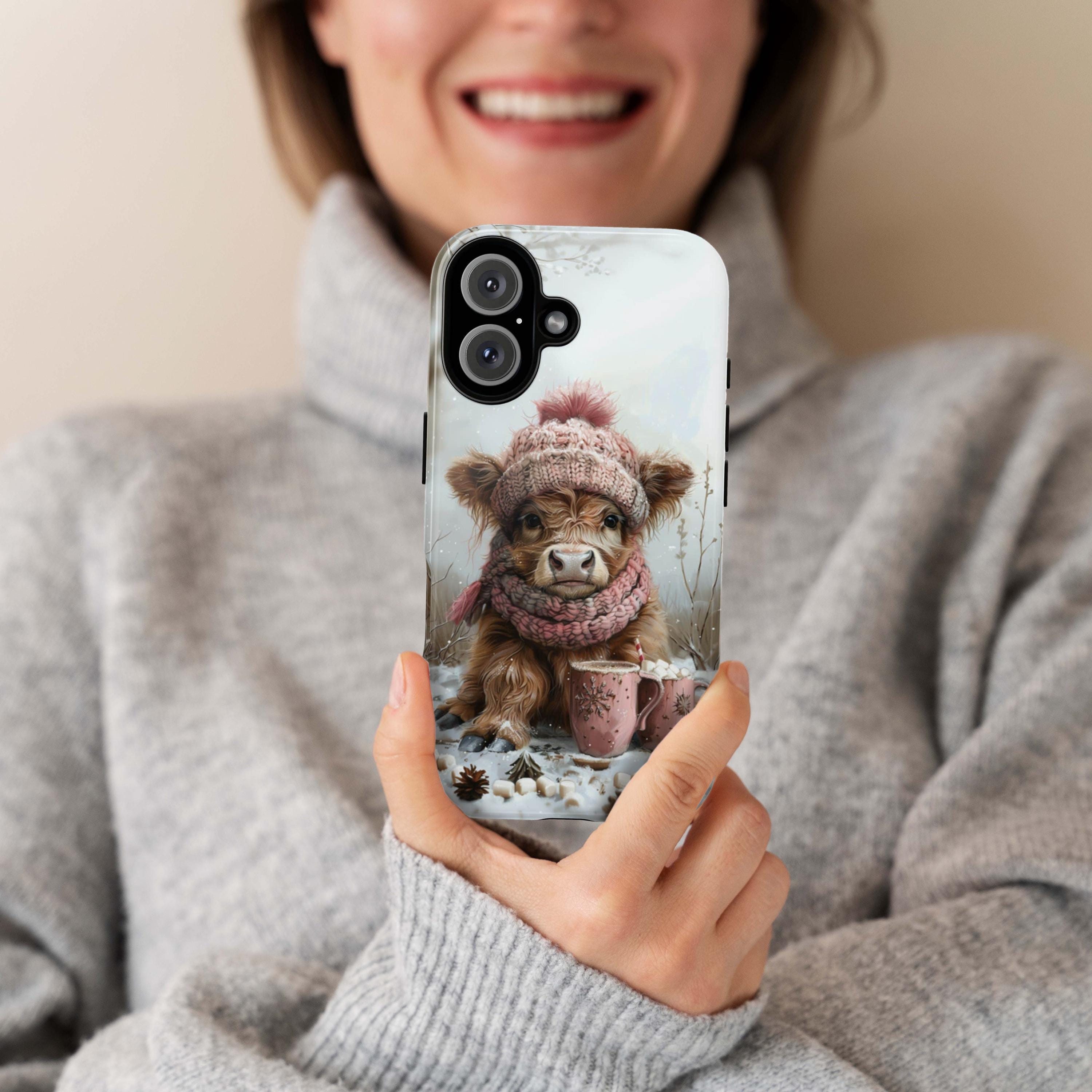 Cute Highland Cow & Winter Forest Phone Case, Festive Xmas Hot Chocolate Marshmellow iPhone 16 15 14 13 Pro Max Plus, Samsung S24, 440.1