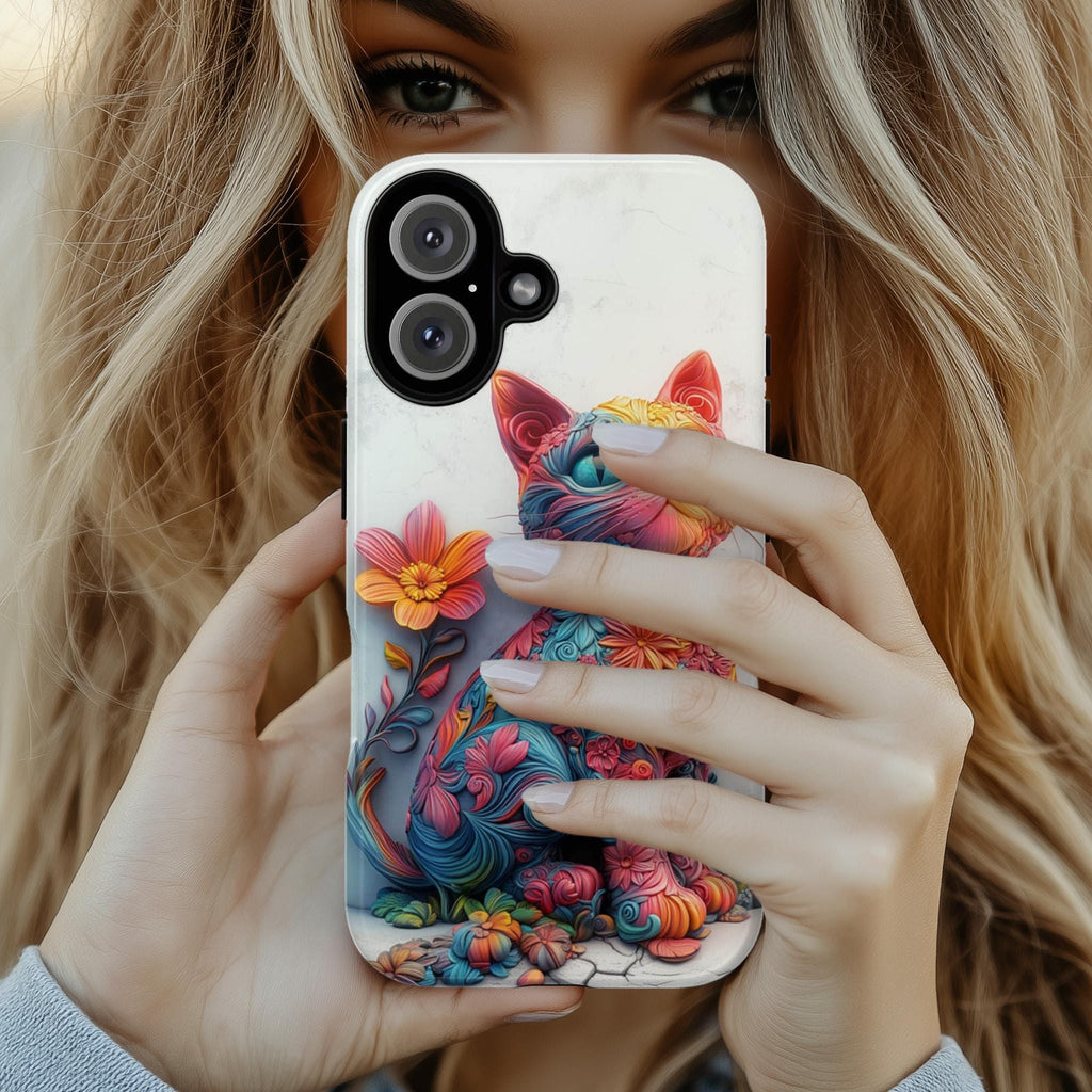 Colorful Floral Cat 3D MagSafe Phone Case, Abstract Fantasy Cat & Flowers iPhone 16 15 14 13 12 Pro Max Plus / Samsung S24, 439.11