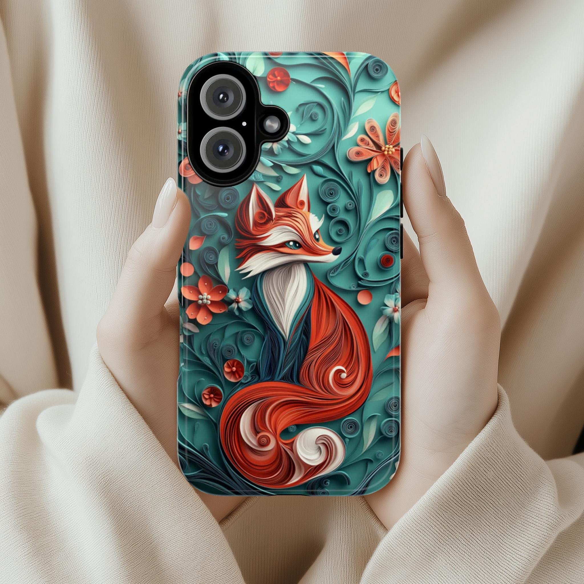 3D Fox and Floral Paper Art Phone Case, 3D effect Forest Phone Cove, Artistic Woodland Style Cover for iPhone Tough or MagSafe, 470.9