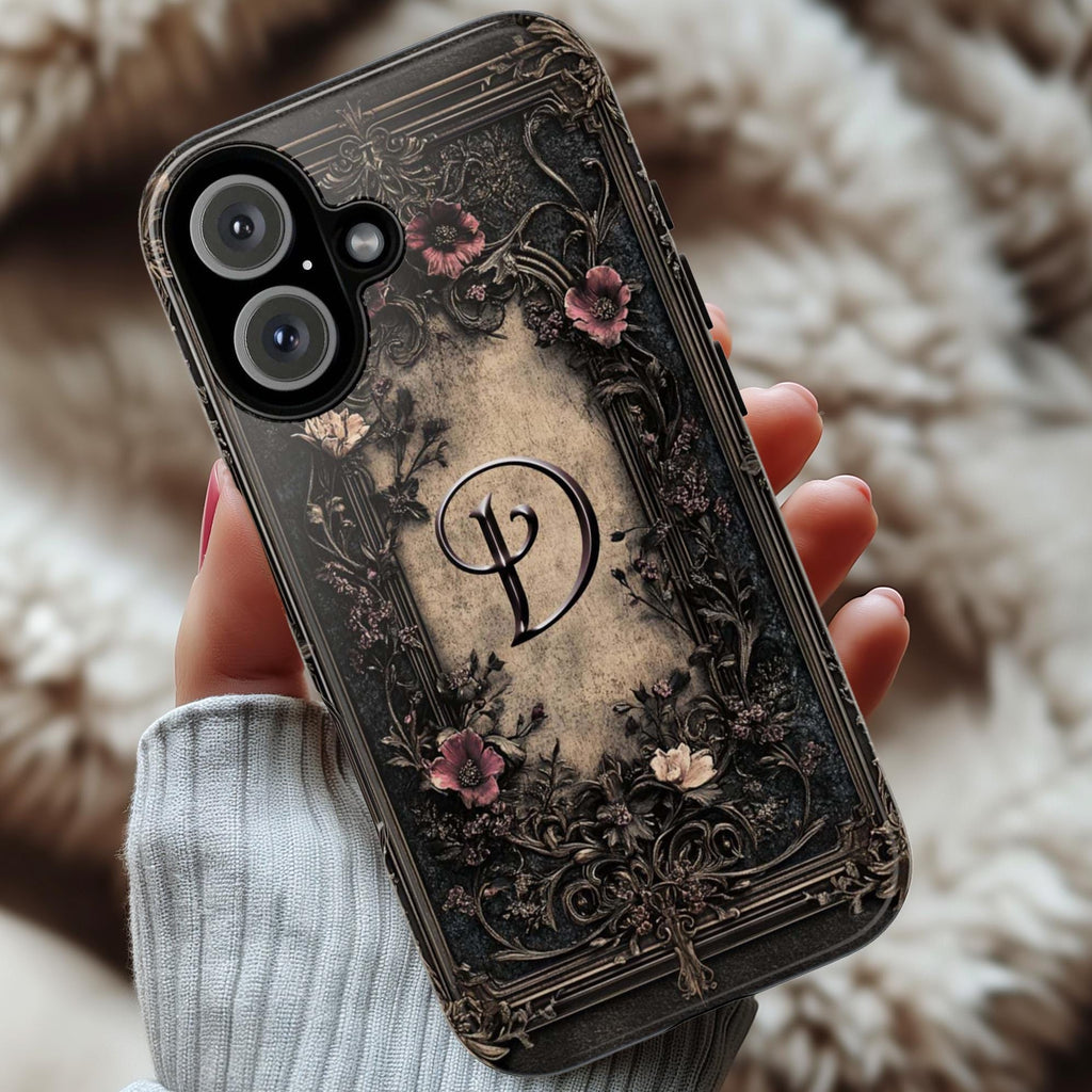 Dark Gothic Floral 3D effect Phone Case, Personalized Monogrammed Cover, Elegant Baroque Flower Design for iPhone 16, Samsung, Pixel, 463.5