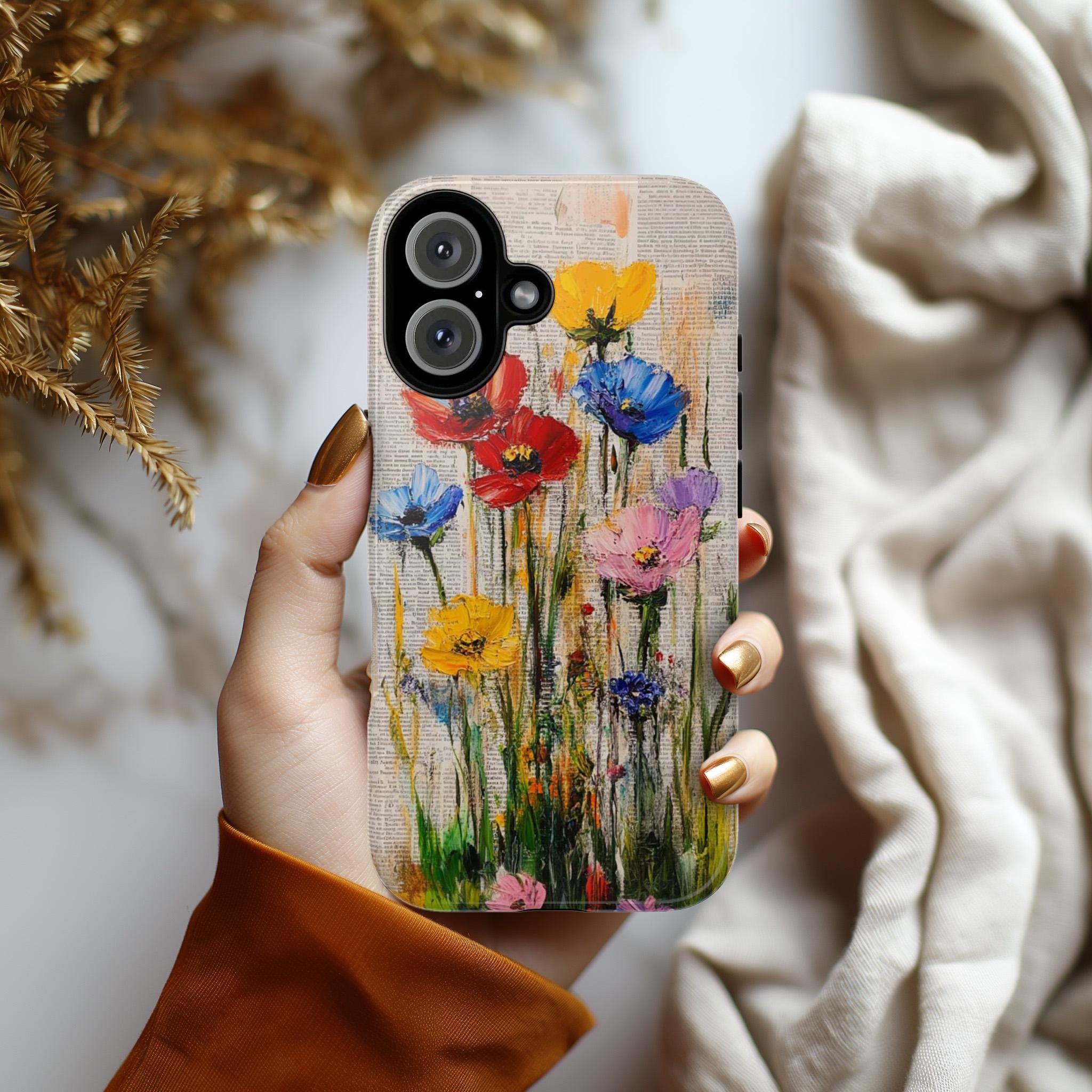 Rustic French Style Phone Case with Old Newspaper Background and Painted Floral Design for iPhone Tough or Magsafe, Samsung, 477.3