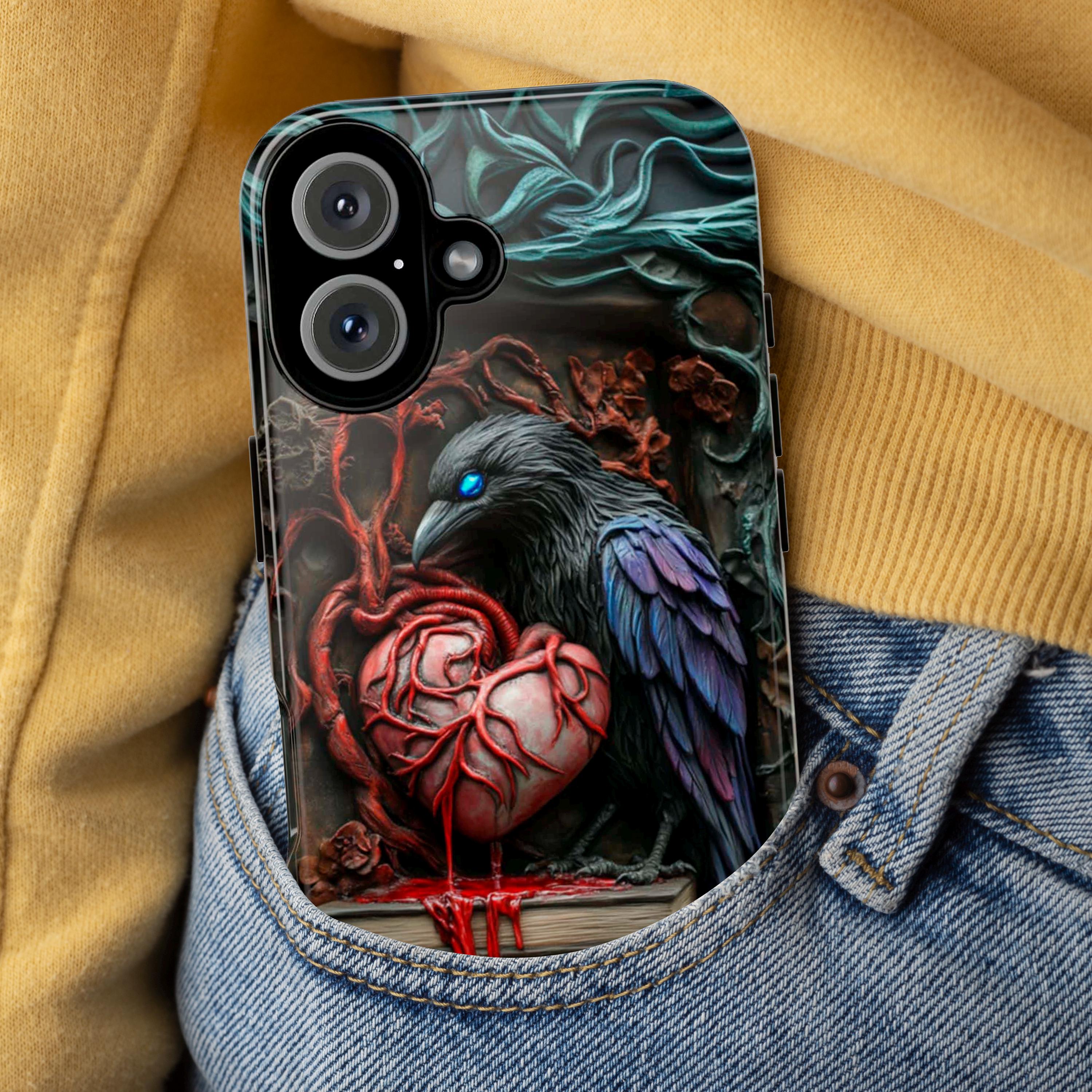 3D Raven, Books and Heart Dark Gothic Phone Case, Dark Academia Mystical Cat Phone Cover for iPhone 16, 15, 14, Samsung Galaxy, 423.7