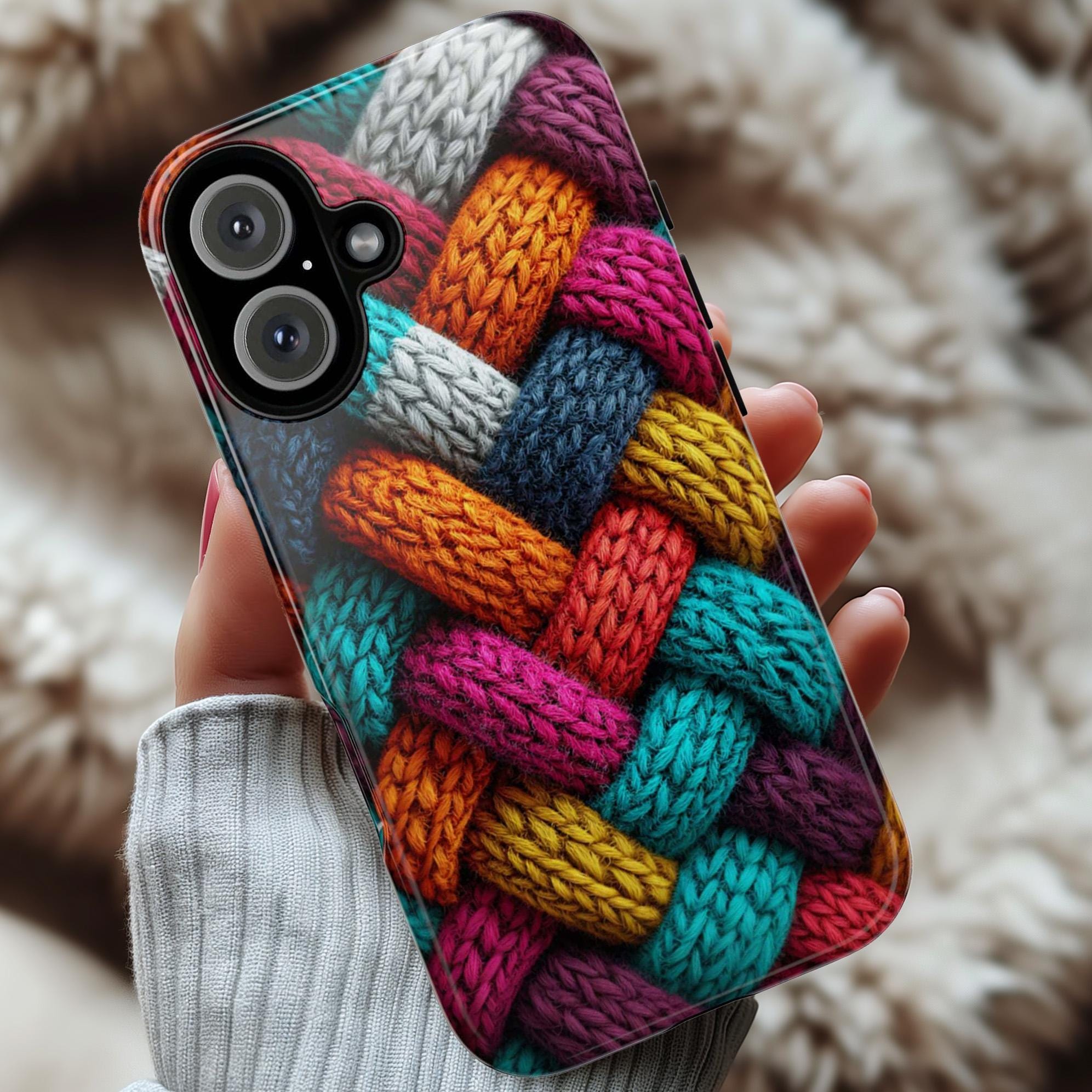 Colorful Cozy 3D Knitted Phone Case for Fall | Vibrant Autumn Knit Pattern Effect Cover for iPhone 16 15 Tough or Magsafe, Samsung, 452.18