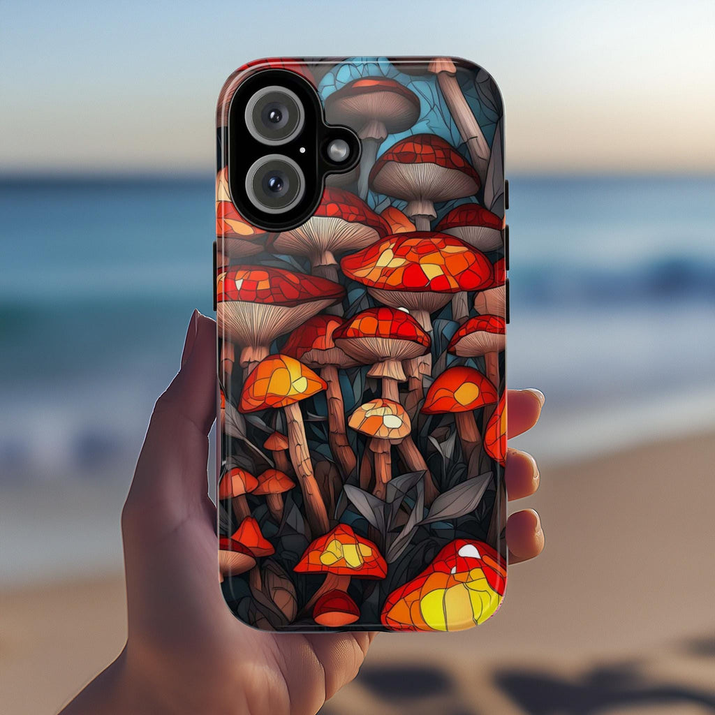 Stained Glass Autumn Mushrooms in the Forest Phone Case, Fall Vibrant Colorful Mosaic Art Cover for iPhone 16 15 14, Samsung Galaxy, Pixel