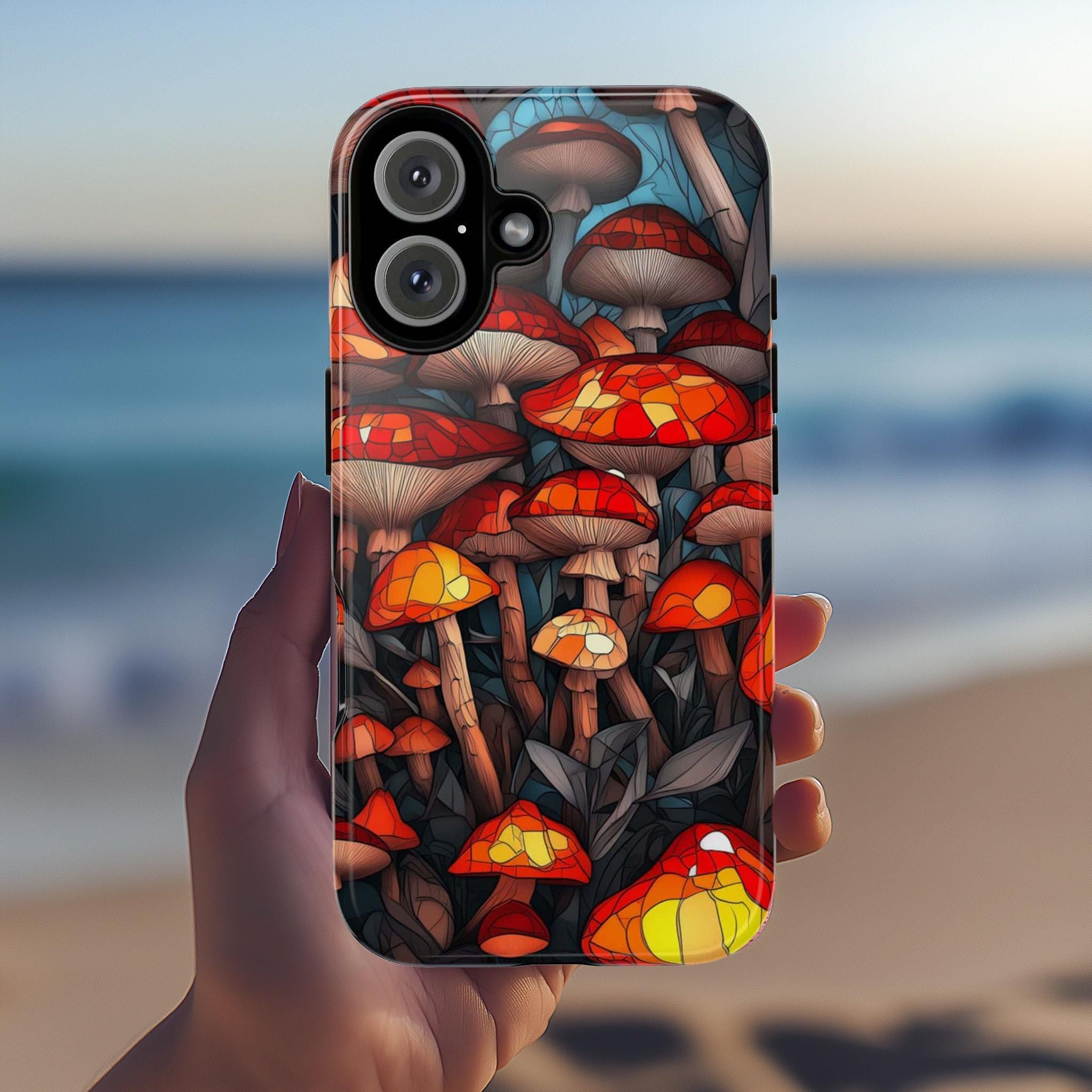 Stained Glass Autumn Mushrooms in the Forest Phone Case, Fall Vibrant Colorful Mosaic Art Cover for iPhone 16 15 14, Samsung Galaxy, Pixel