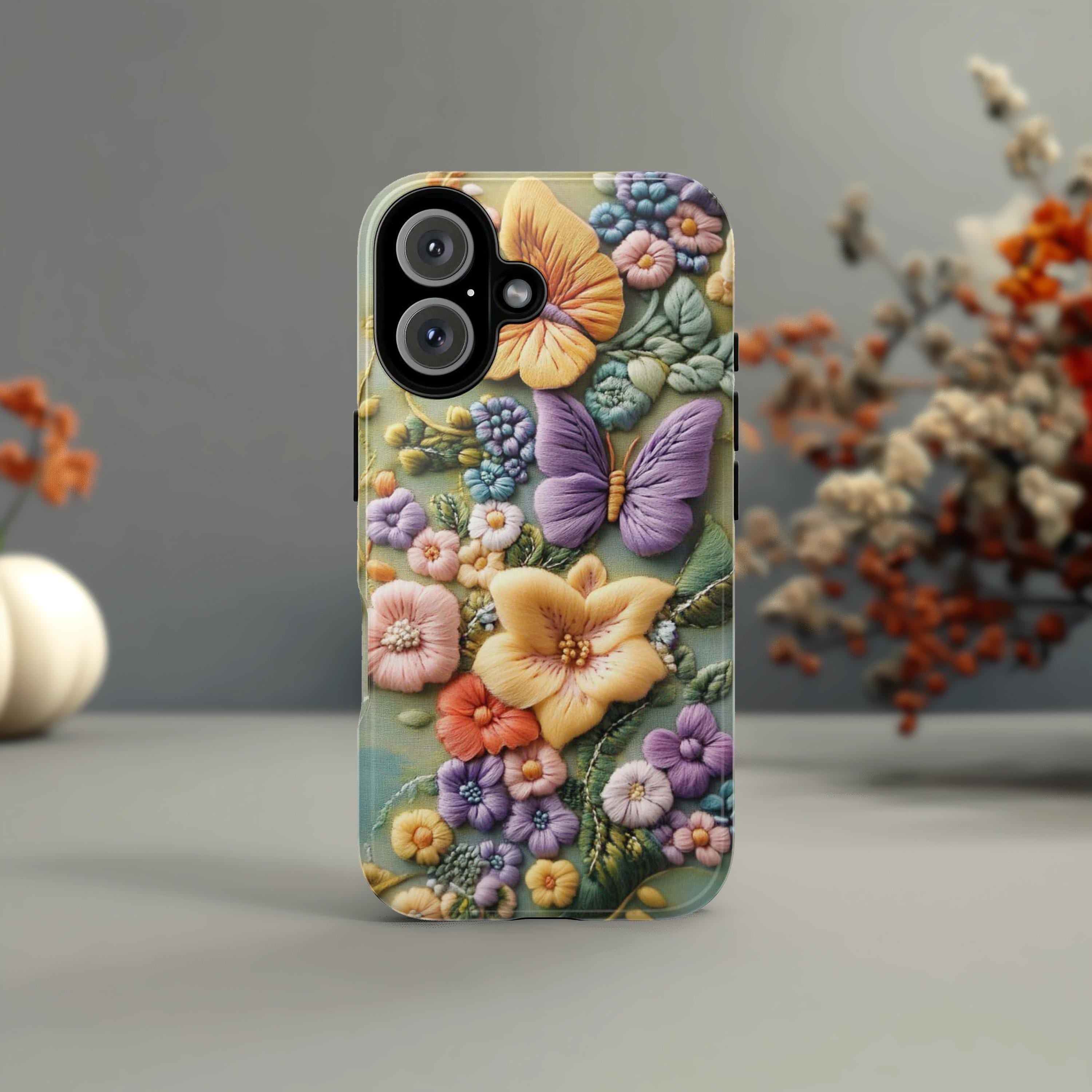 3D Embroidered effect Floral Phone Case, Botanical Flower & Butterfly Art Case for Nature Lovers iPhone Tough or Magsafe, Samsung, 452.12