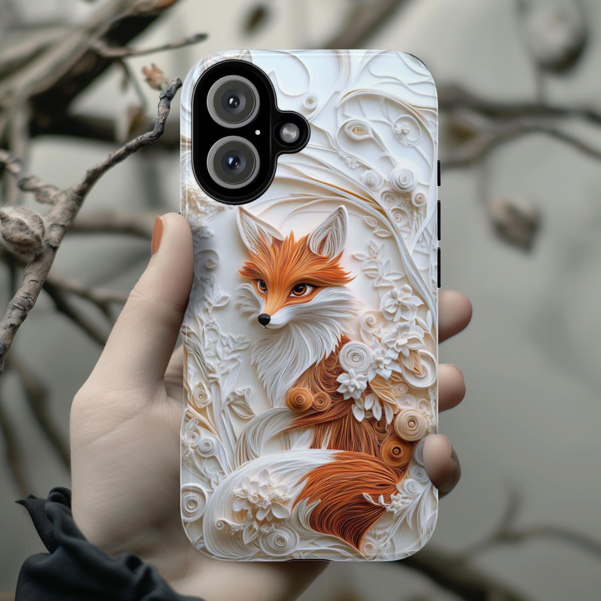 Fox and Floral Paper Art Phone Case, 3D Textured Fox Lover Gift Phone Cove, Artistic Paper Style Cover for iPhone Tough or MagSafe, 470.13